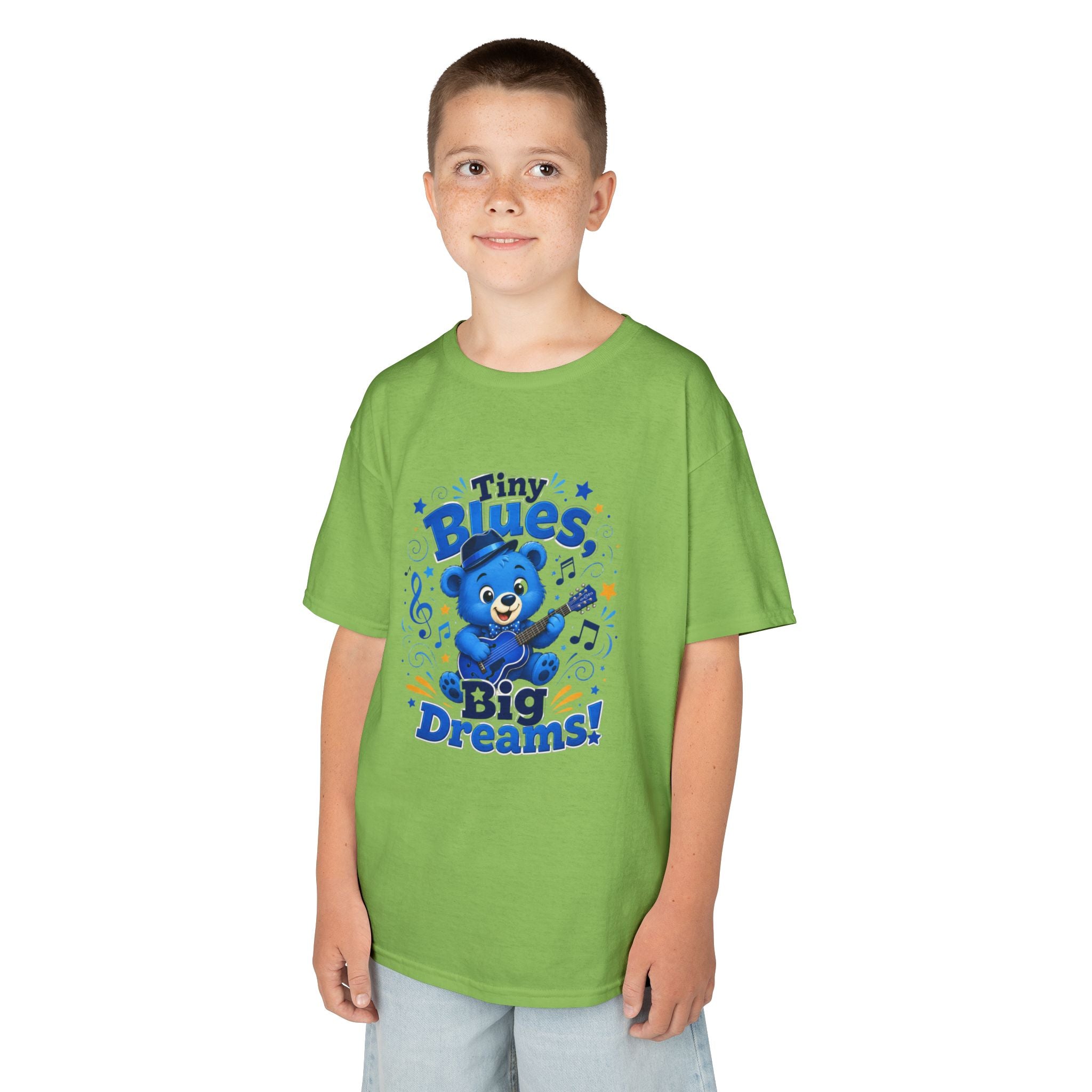 Kids Tee - "Tiny Blues, Big Dreams!" Cute Blue Bear Music Graphic