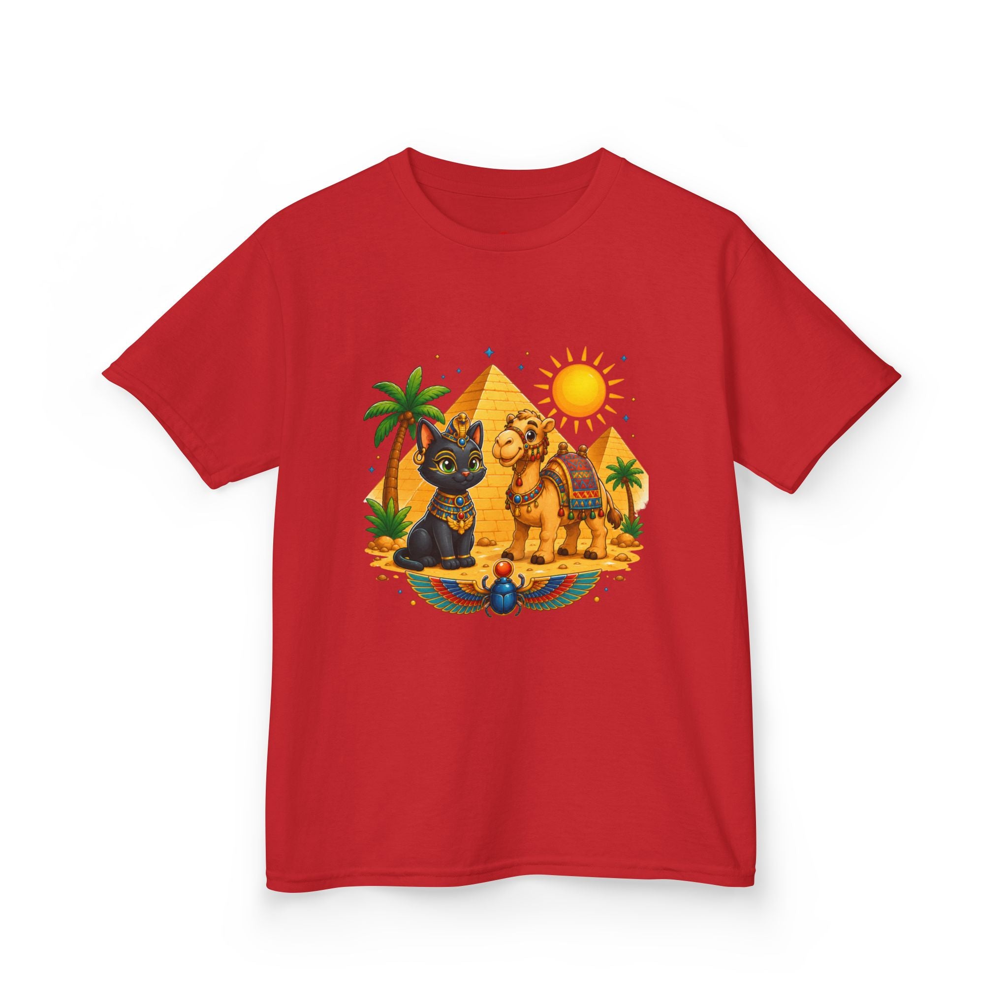 Egyptian Cats and Camel Kids Tee | Pyramid Desert Sun Illustration