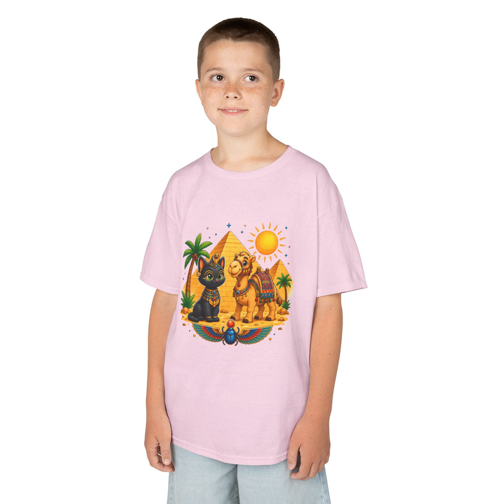 Egyptian Cats and Camel Kids Tee | Pyramid Desert Sun Illustration
