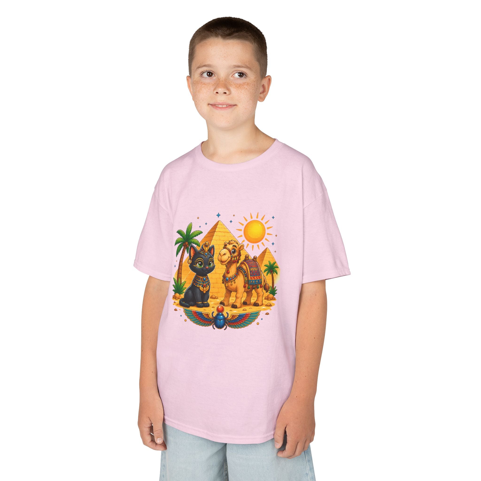 Egyptian Cats and Camel Kids Tee | Pyramid Desert Sun Illustration