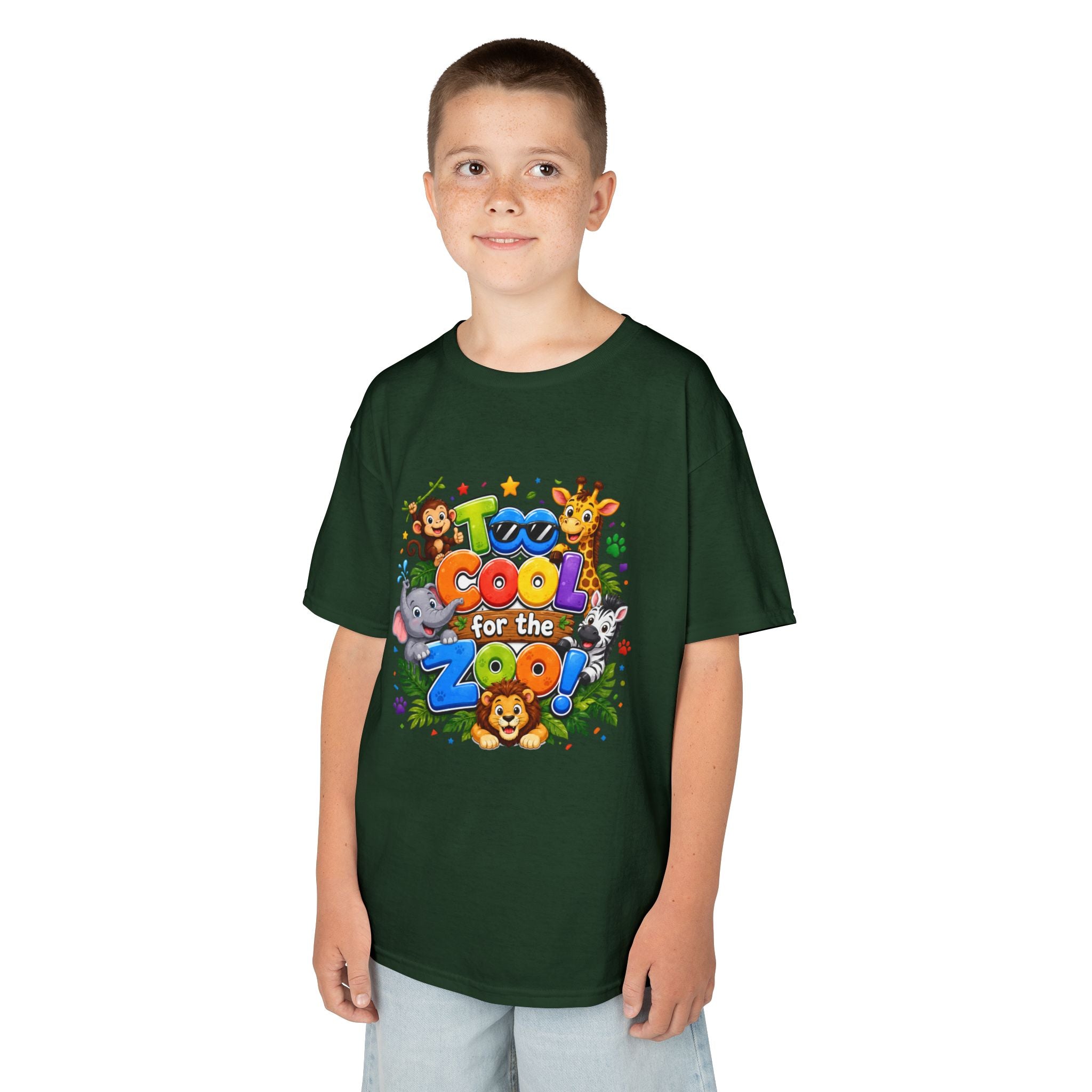 Kids Tee — "Too Cool for the Zoo" Colorful Animal Graphic