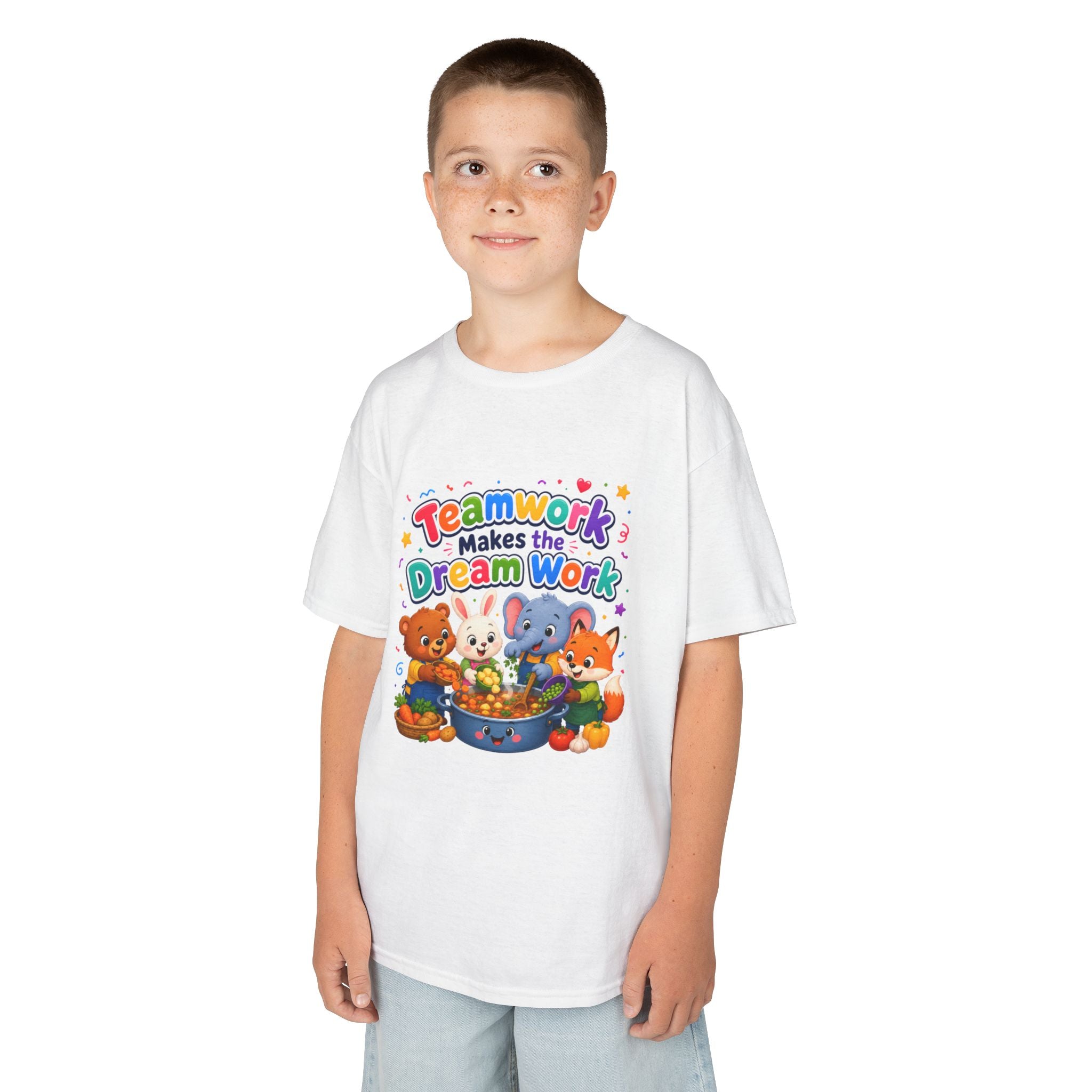 Kids Tee — “Teamwork Makes the Dream Work” Cute Animal Classroom Shirt