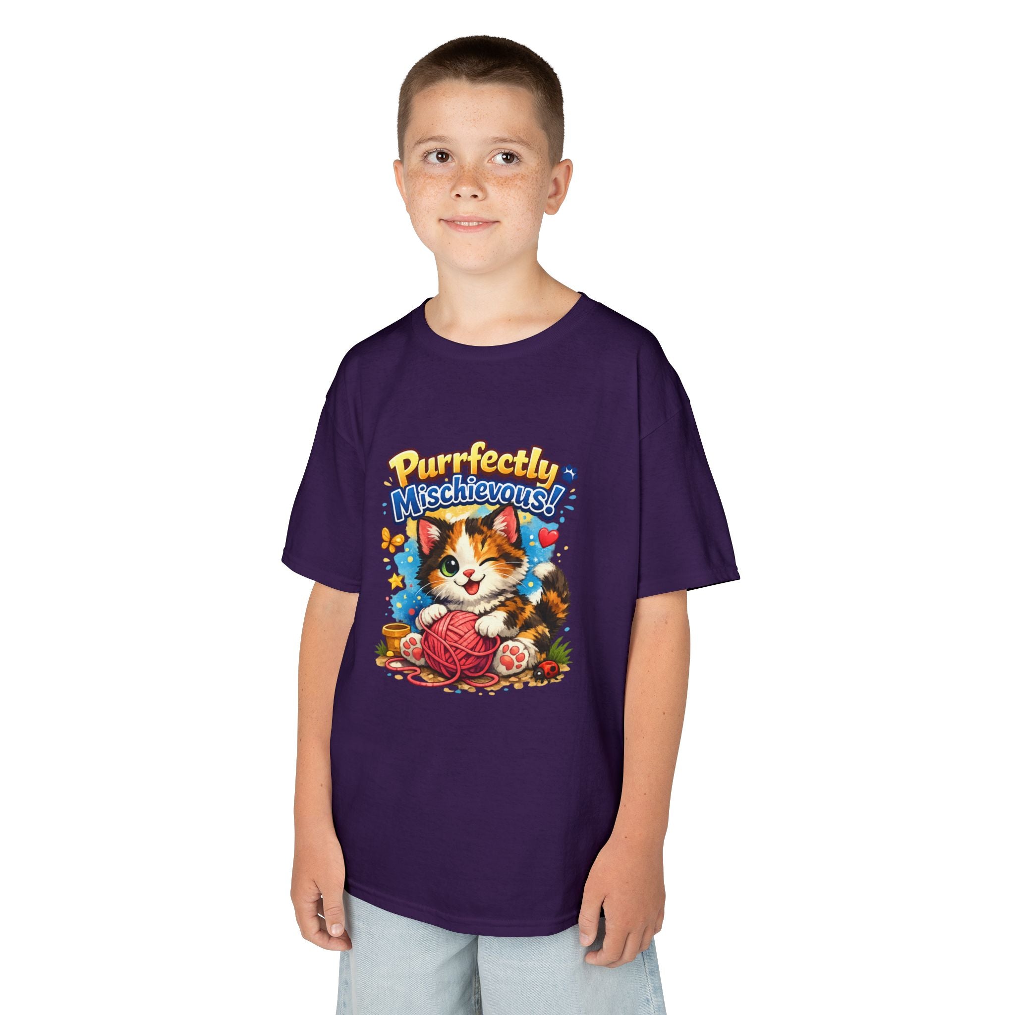 Kids T-Shirt — "Purrfectly Mischievous" Cute Kitten Playing with Yarn