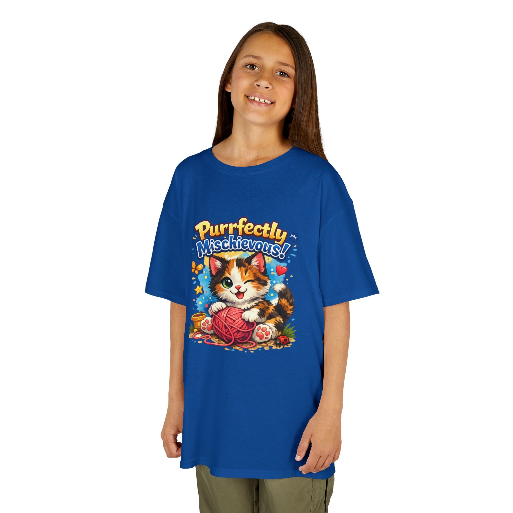 Kids T-Shirt — "Purrfectly Mischievous" Cute Kitten Playing with Yarn