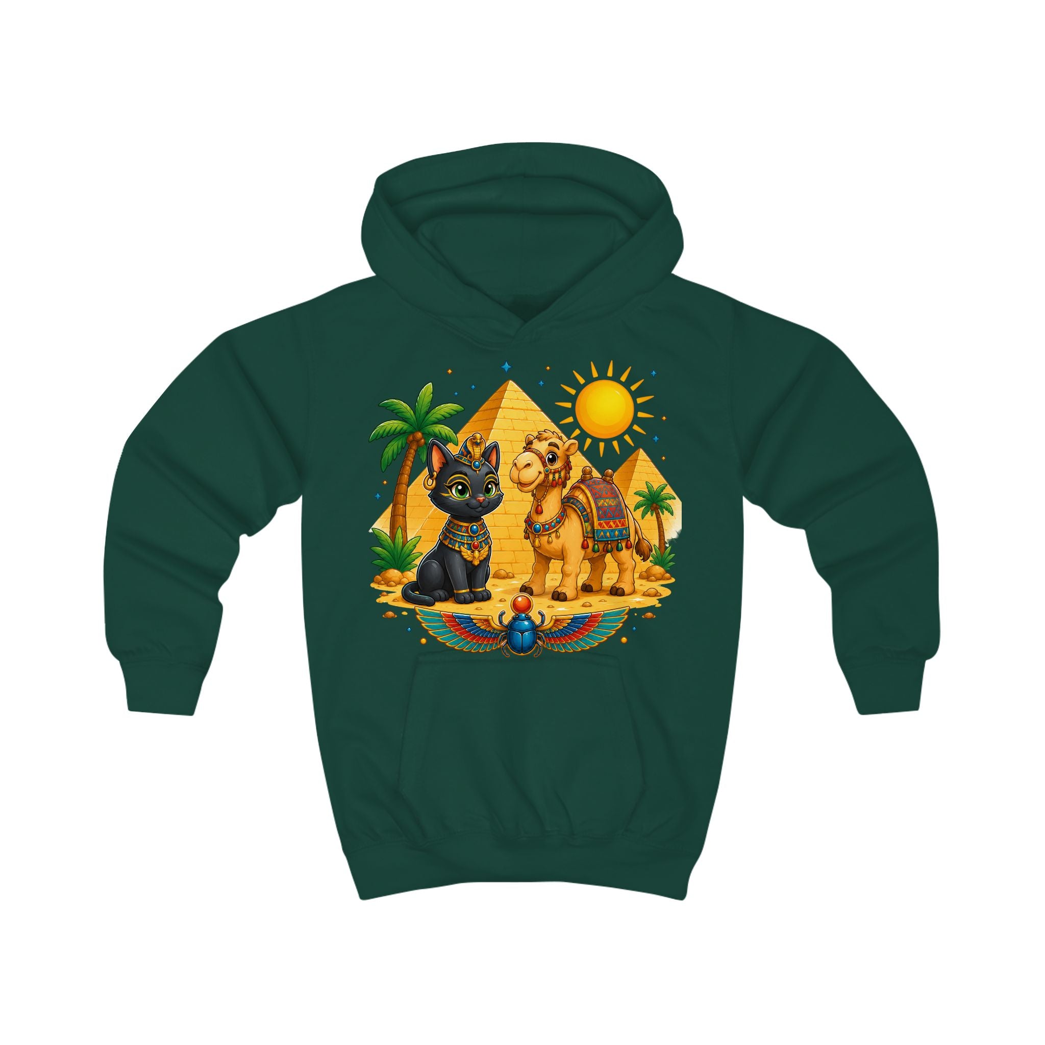 Egyptian Cats with Camel Kids Hoodie | Pyramid, Palm Trees, Sun