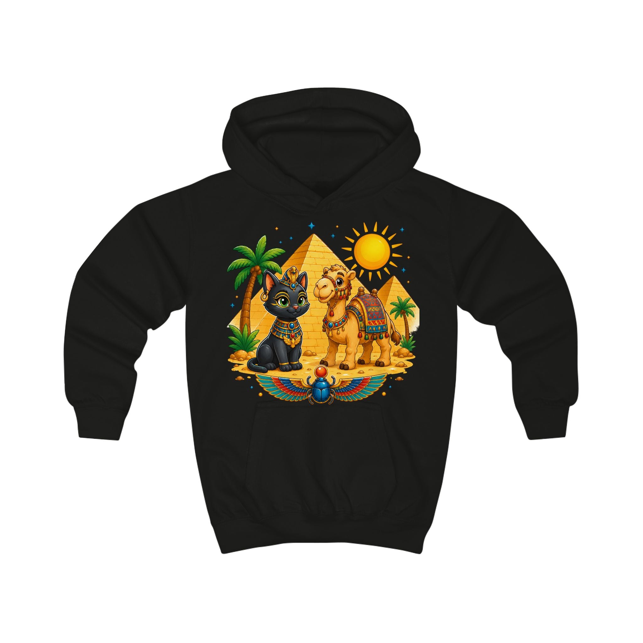Egyptian Cats with Camel Kids Hoodie | Pyramid, Palm Trees, Sun