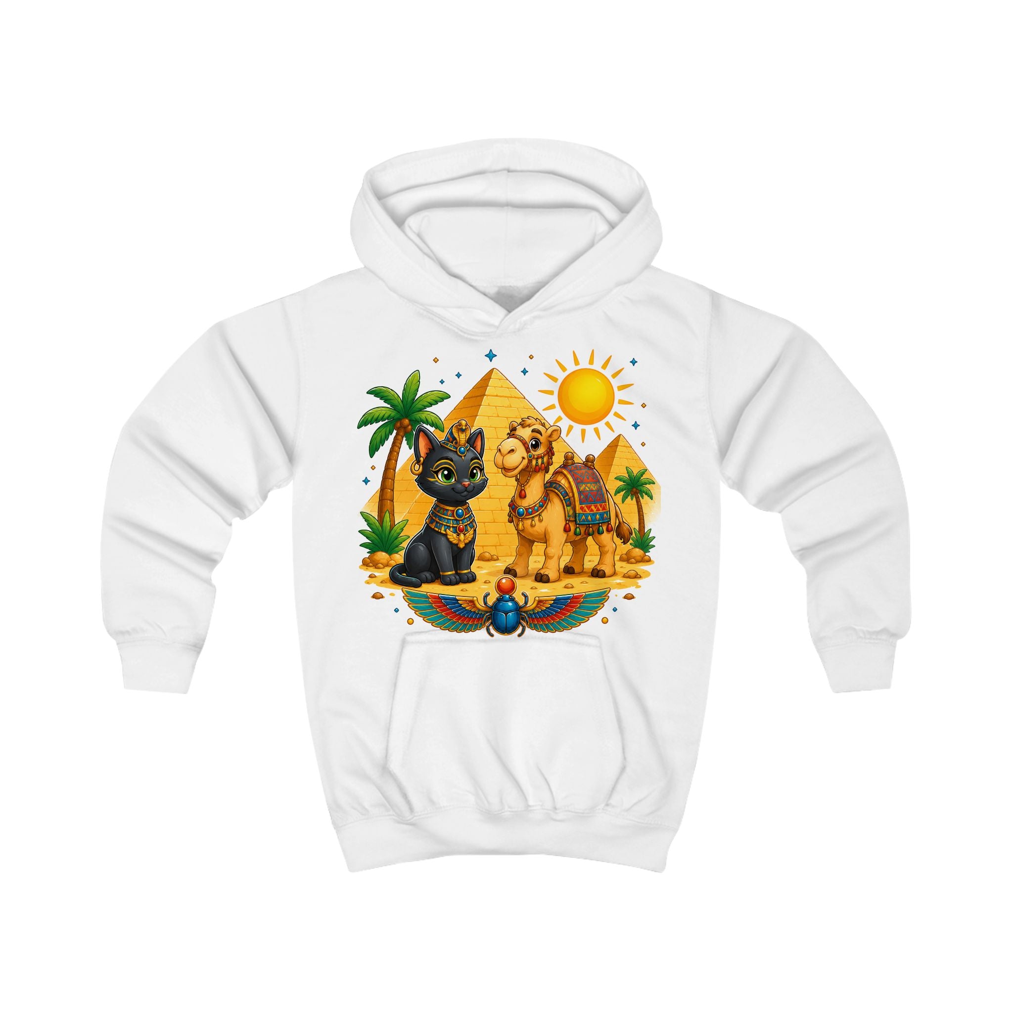 Egyptian Cats with Camel Kids Hoodie | Pyramid, Palm Trees, Sun