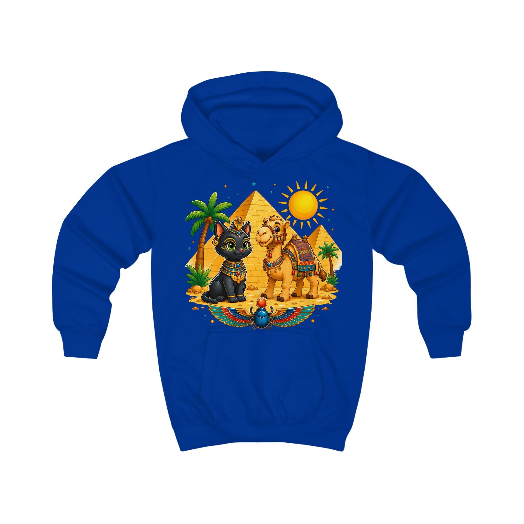 Egyptian Cats with Camel Kids Hoodie | Pyramid, Palm Trees, Sun