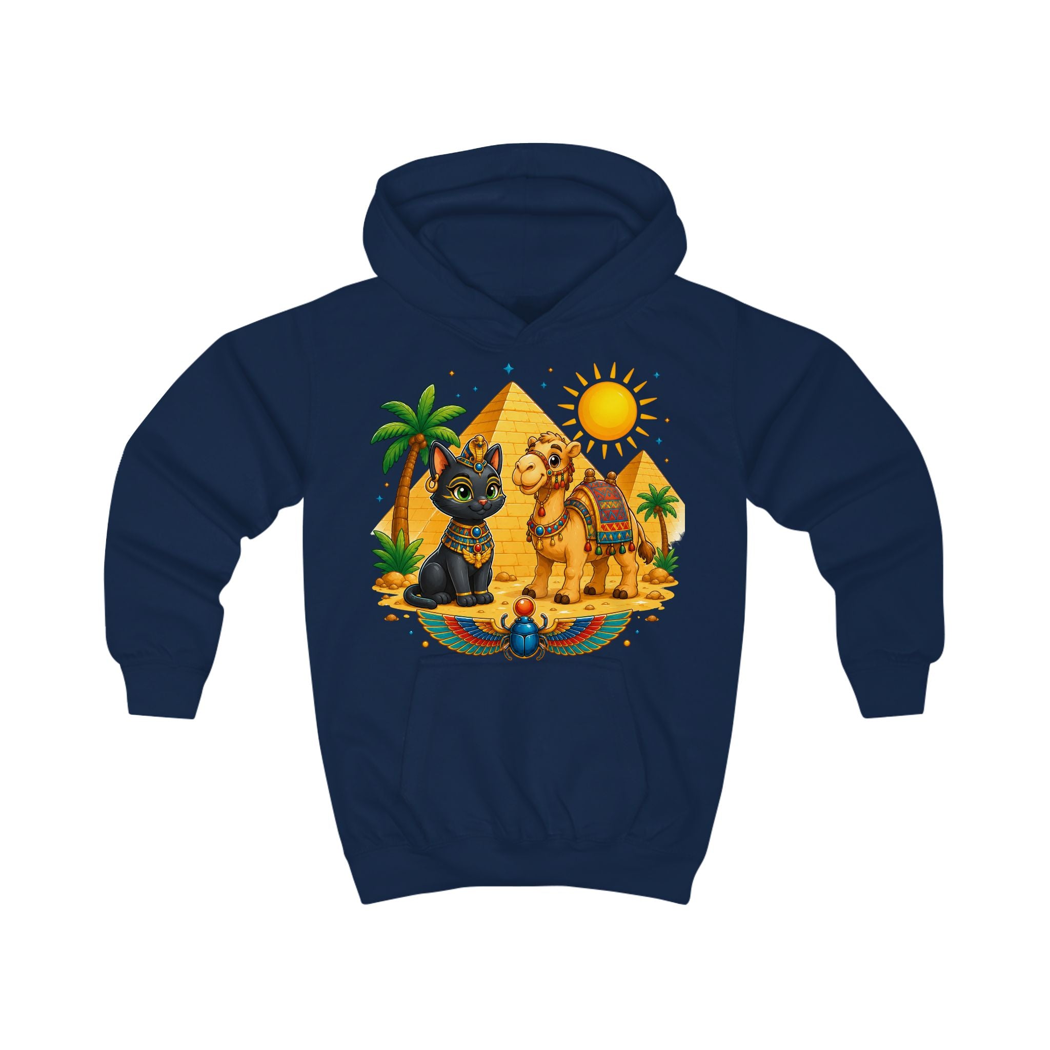 Egyptian Cats with Camel Kids Hoodie | Pyramid, Palm Trees, Sun