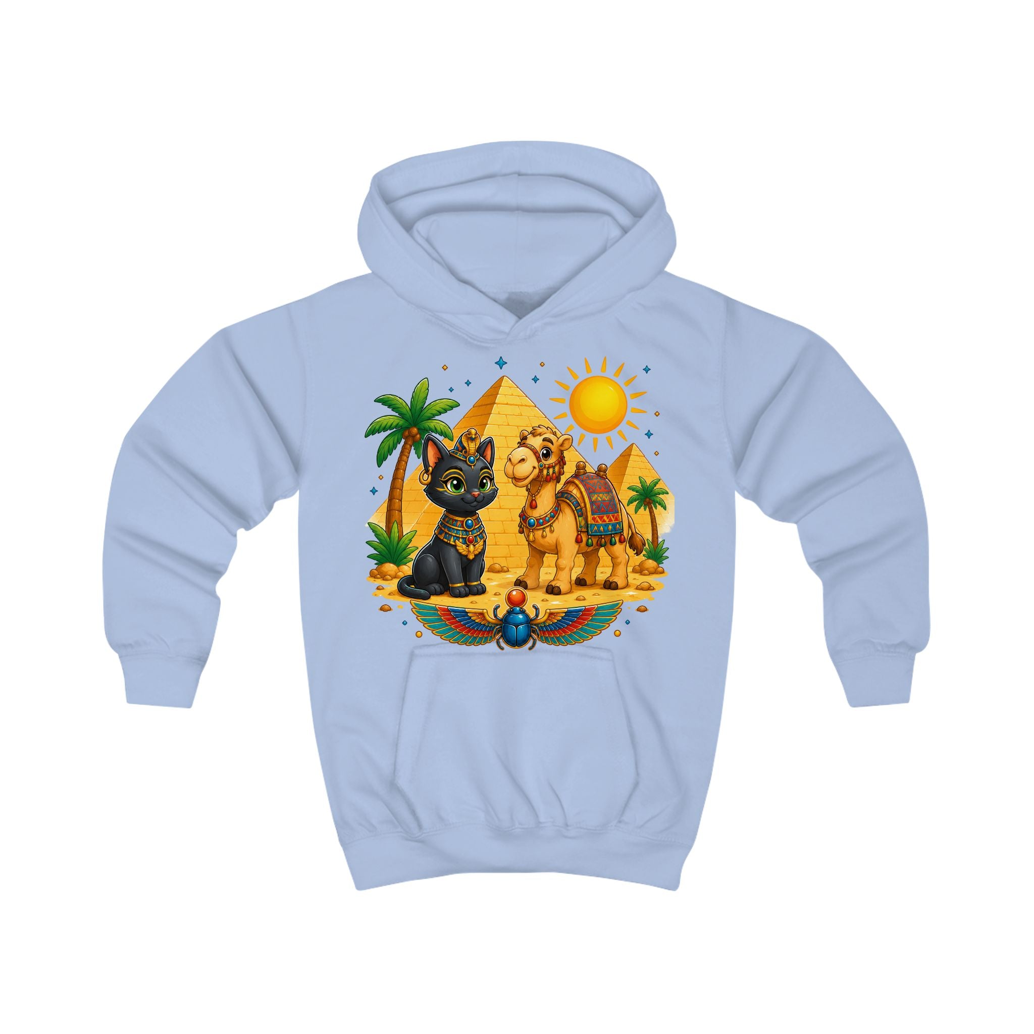 Egyptian Cats with Camel Kids Hoodie | Pyramid, Palm Trees, Sun