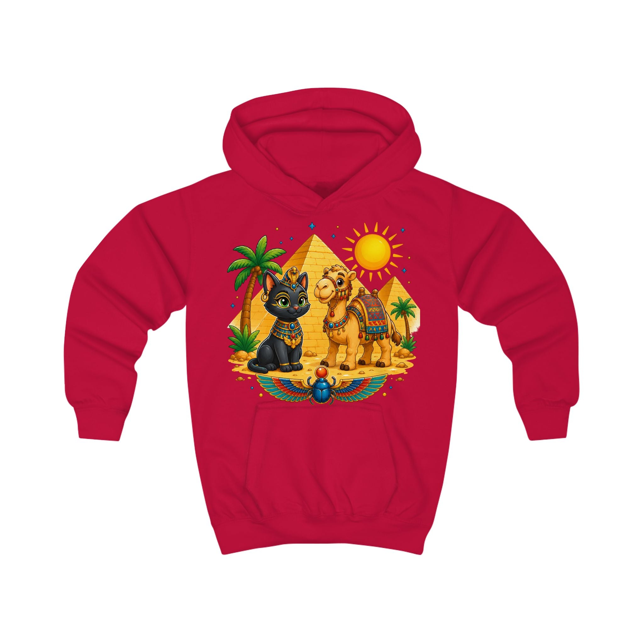 Egyptian Cats with Camel Kids Hoodie | Pyramid, Palm Trees, Sun