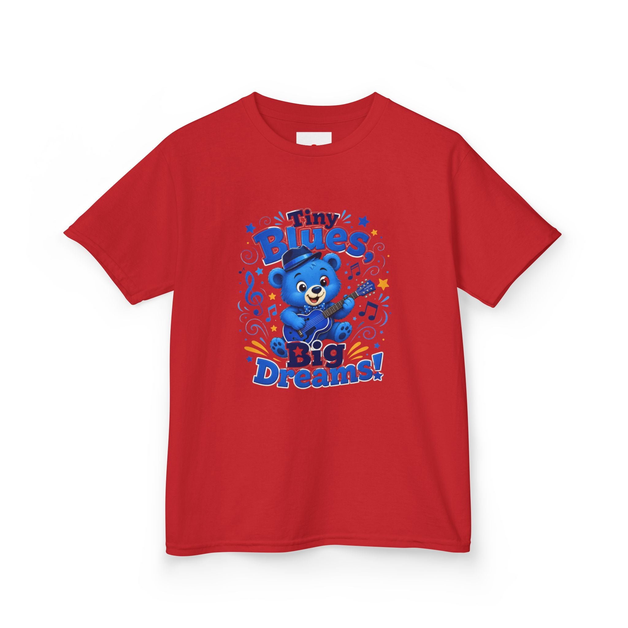 Kids Tee - "Tiny Blues, Big Dreams!" Cute Blue Bear Music Graphic