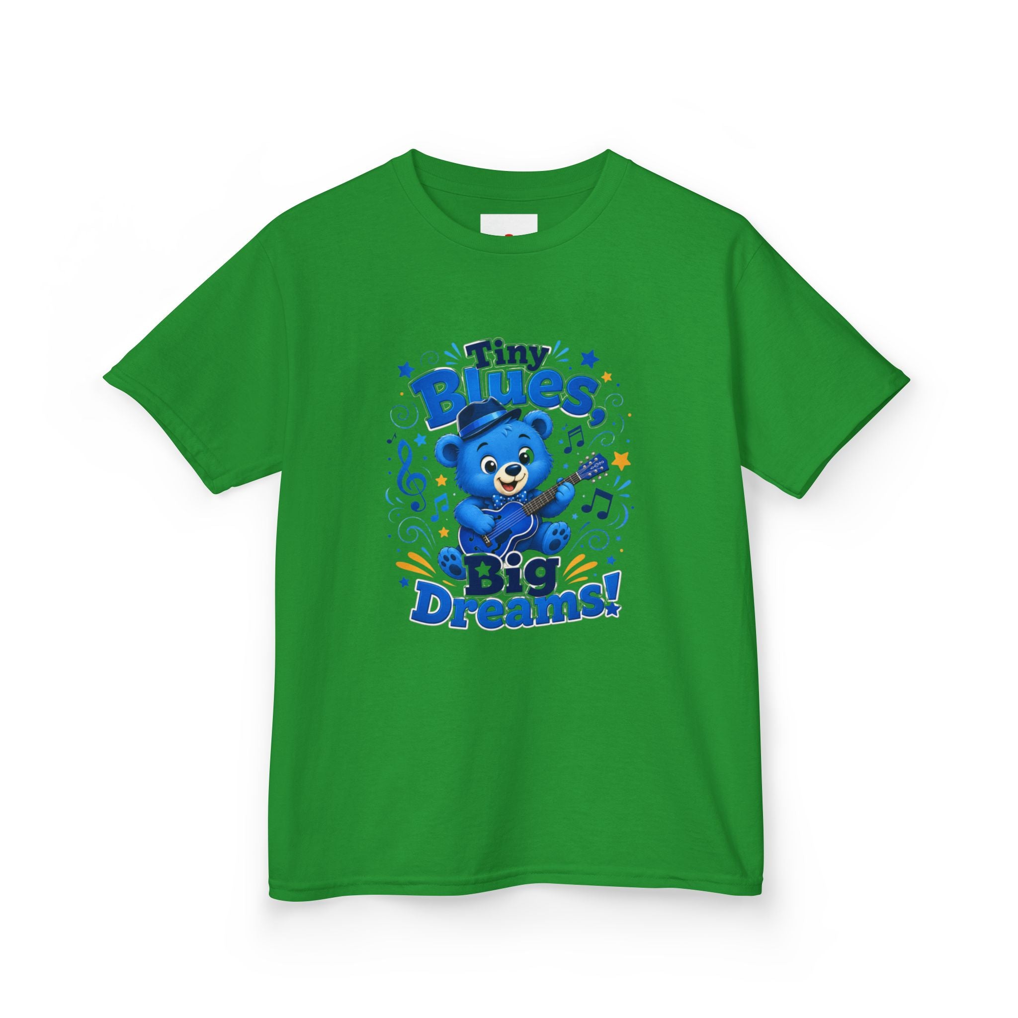 Kids Tee - "Tiny Blues, Big Dreams!" Cute Blue Bear Music Graphic