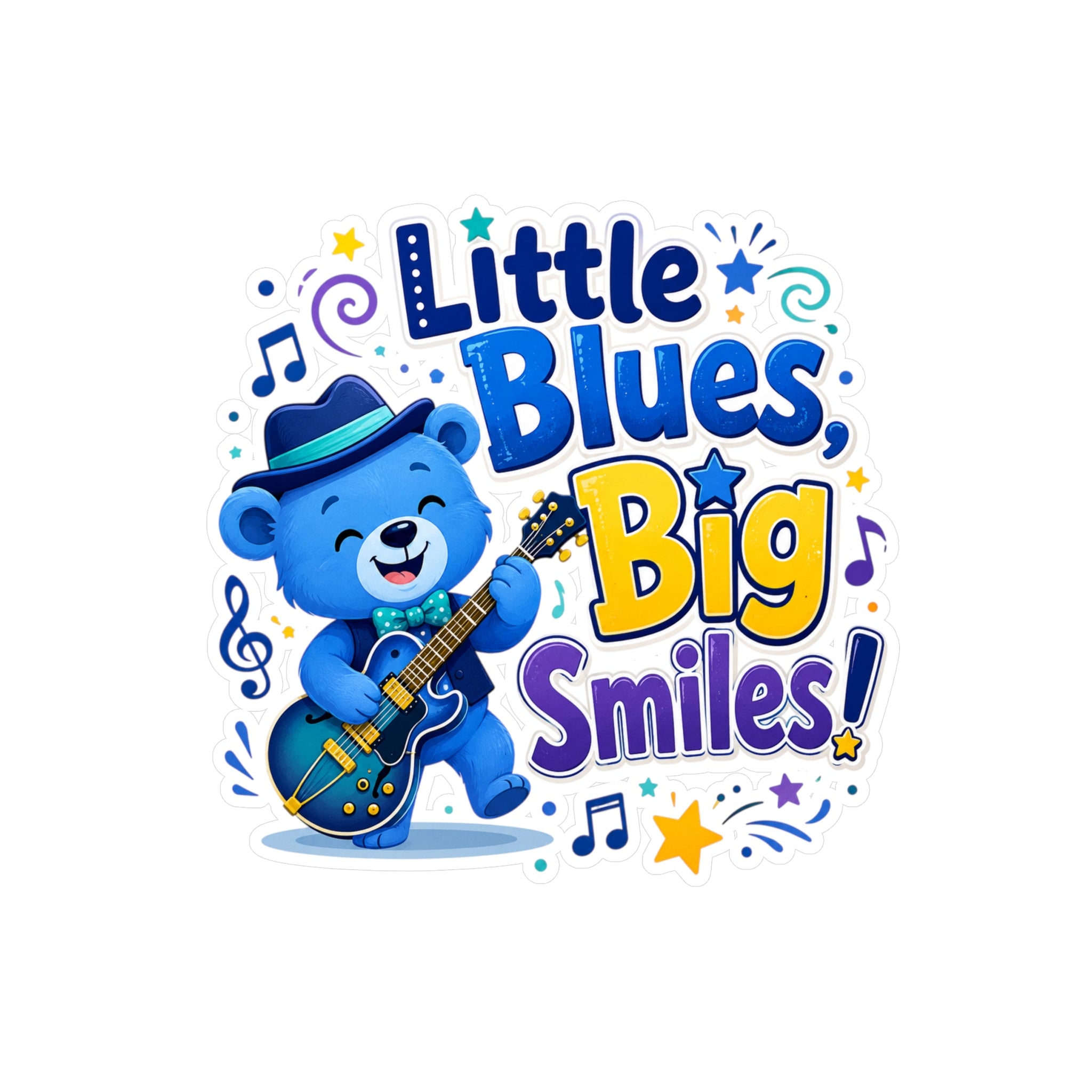 Little Blues Big Smiles Sticker — Cute Guitar Bear Kiss-Cut Vinyl Decal