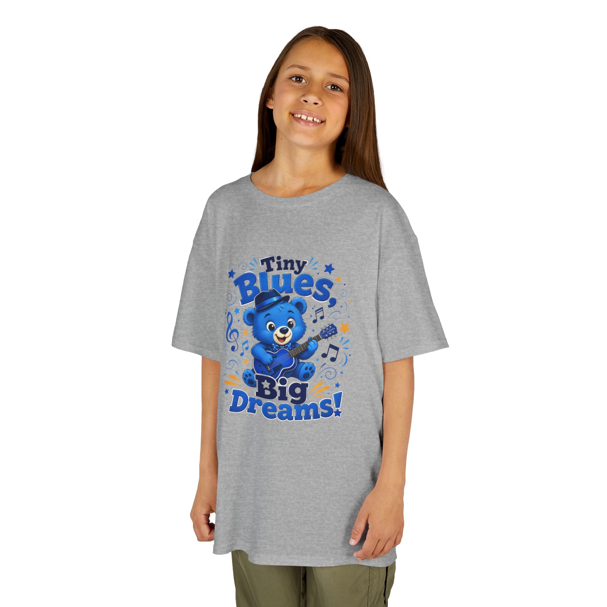 Kids Tee - "Tiny Blues, Big Dreams!" Cute Blue Bear Music Graphic
