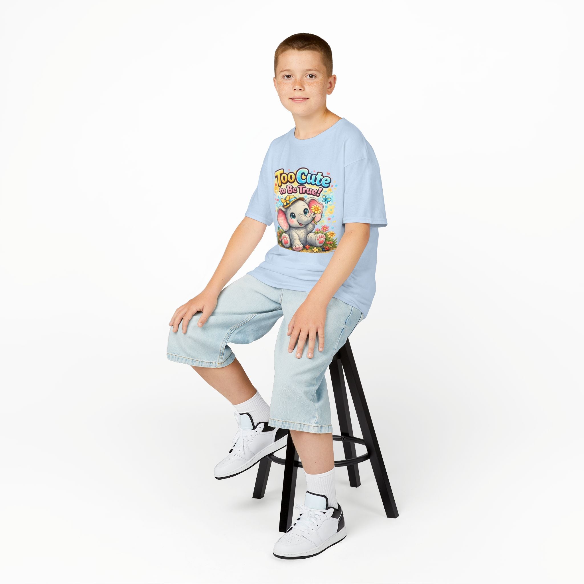 Kids Tee — "Too Cute to Be True" Elephant Graphic