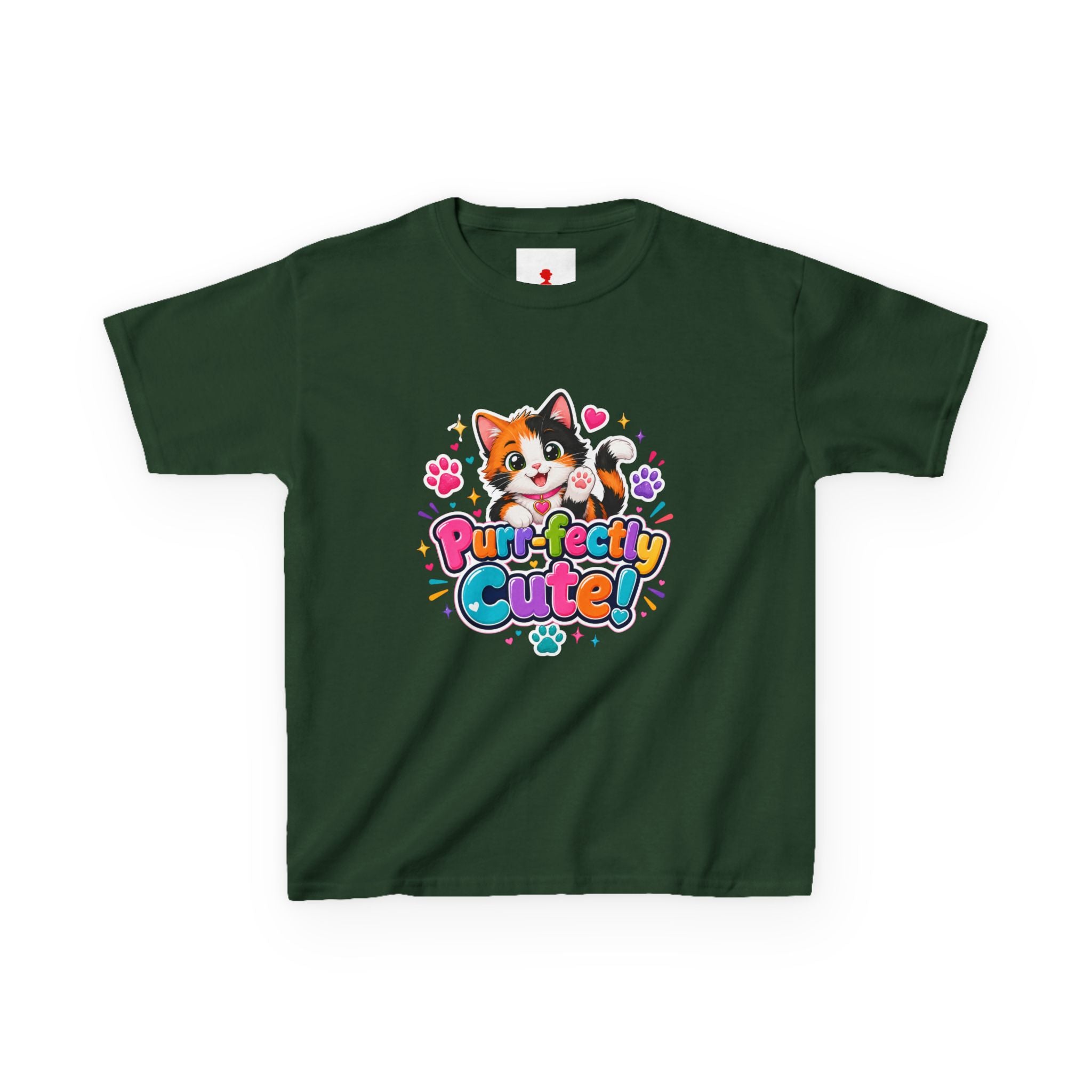 Kids Tee — “Purr-fectly Cute!” Colorful Calico Cat Graphic