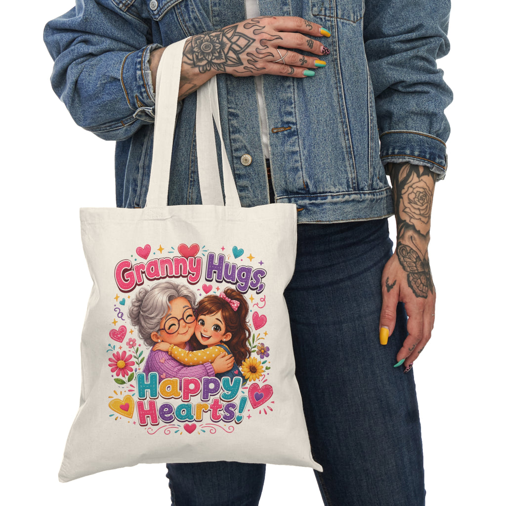 Granny Hugs Happy Hearts Tote Bag | Grandma and Child Illustration