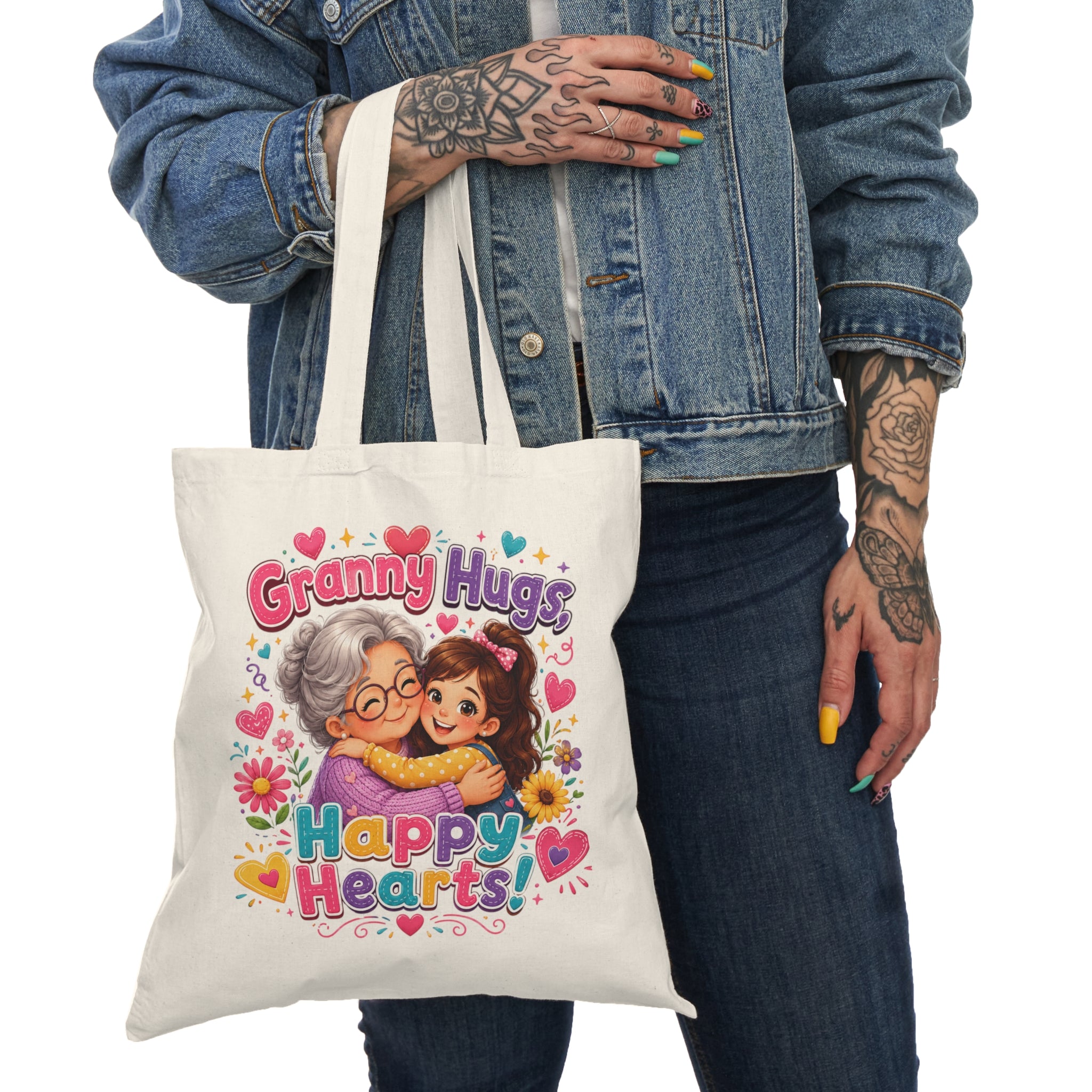 Granny Hugs Happy Hearts Tote Bag | Grandma and Child Illustration