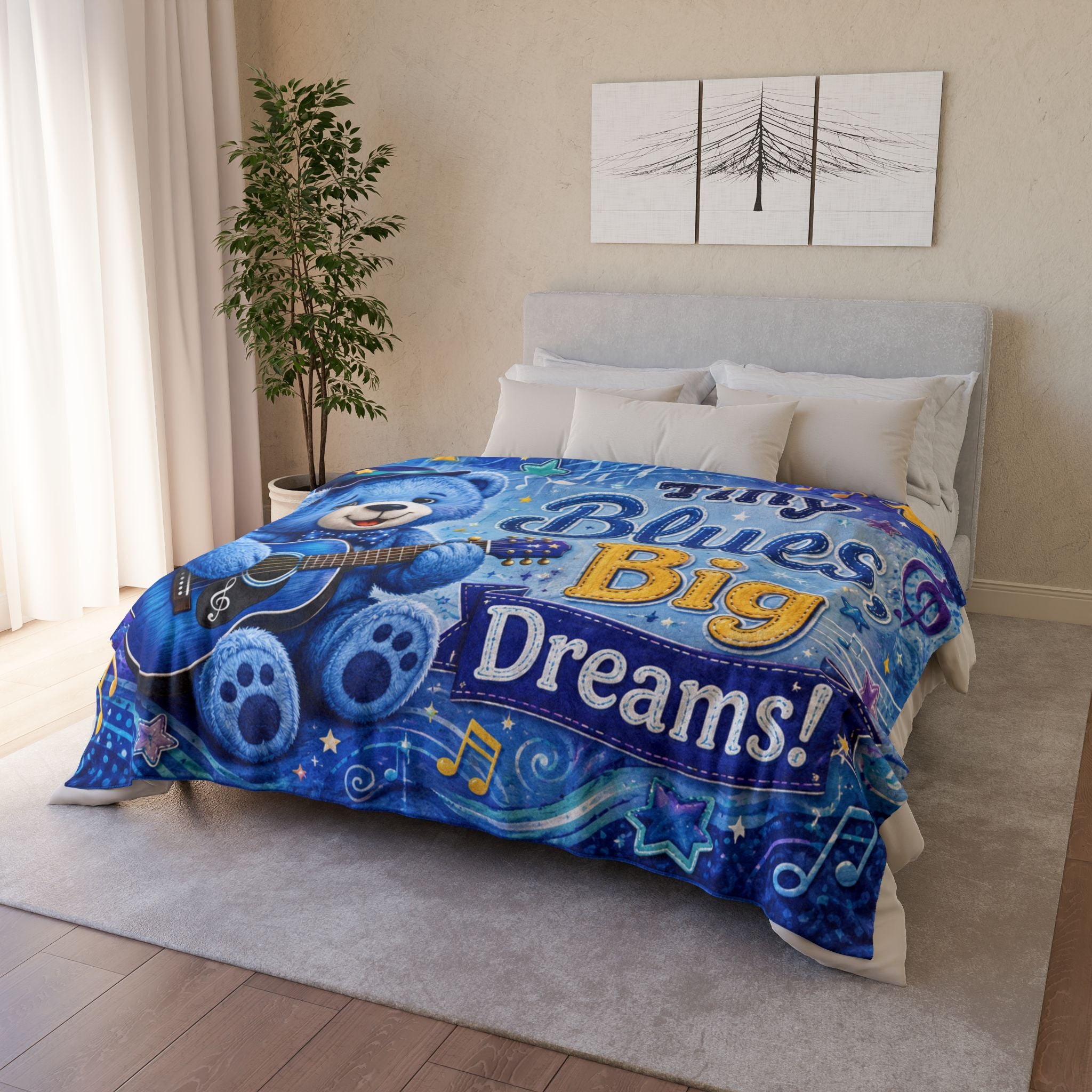 Tiny Blues Big Dreams Baby Blanket — Blue Teddy Guitar Nursery Throw