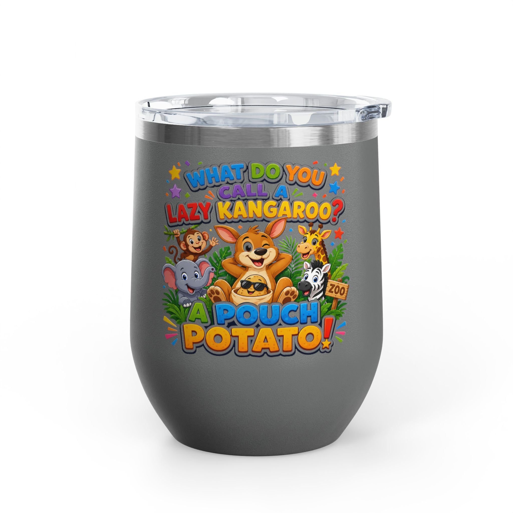 "What Do You Call a Lazy Kangaroo? A Pouch Potato!" Cute Animal Joke 12oz Insulated Tumbler