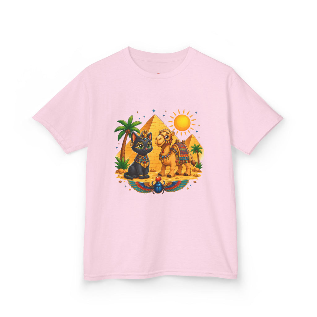 Egyptian Cats and Camel Kids Tee | Pyramid Desert Sun Illustration