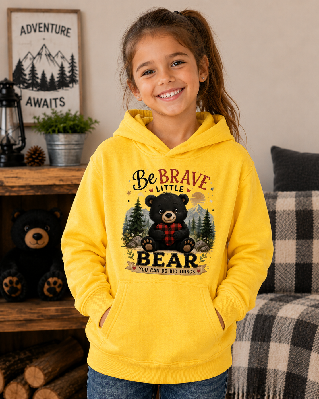 Be Brave Little Bear Kids Hoodie – Cute Woodland Bear Inspirational Sweatshirt for Boys & Girls