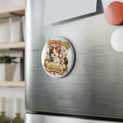 Cute & Cuddly Kitten Button Magnet - 'Little Buddy' Round Cat Magnet