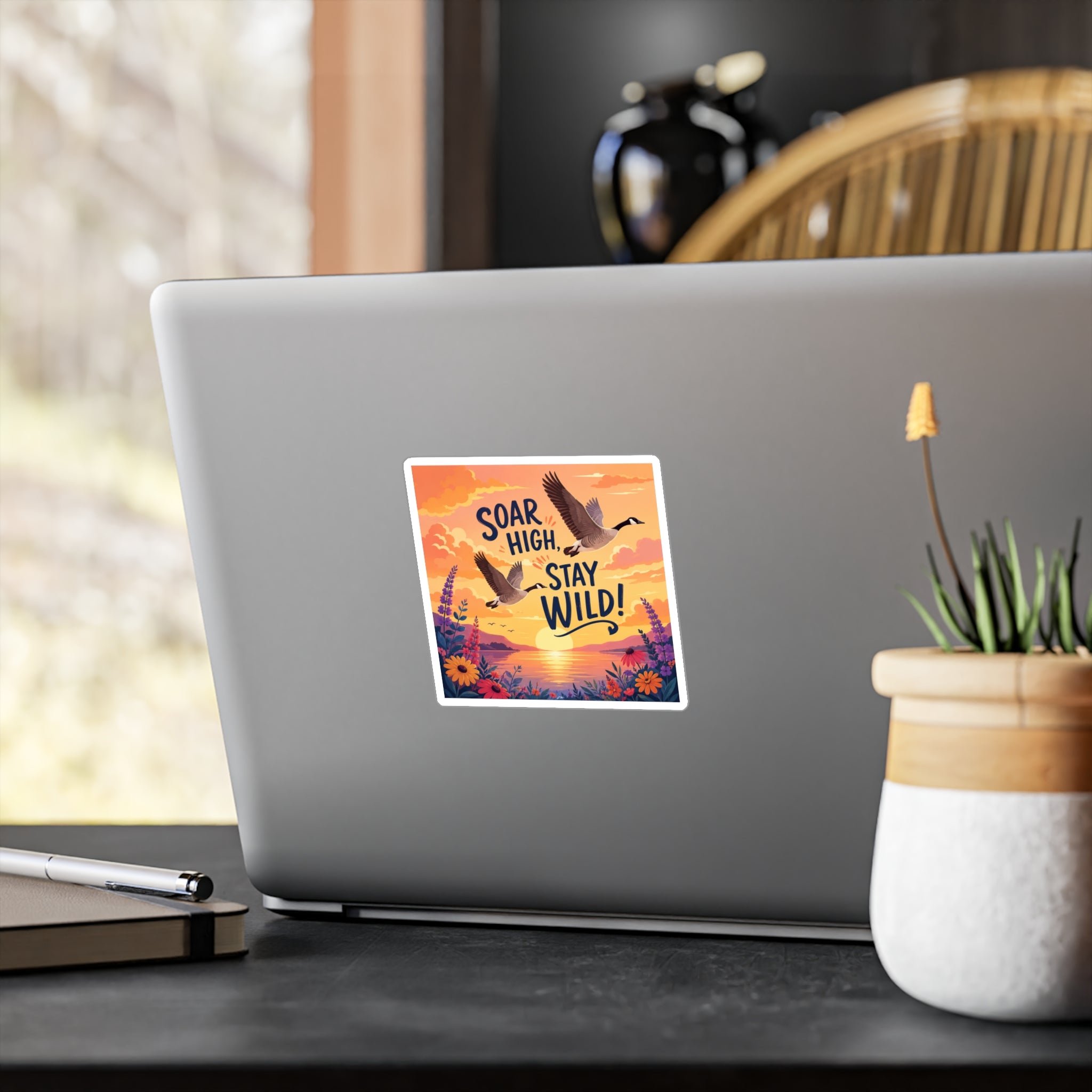 Soar High Stay Wild Vinyl Sticker — Goose Sunset Kiss-Cut Decal