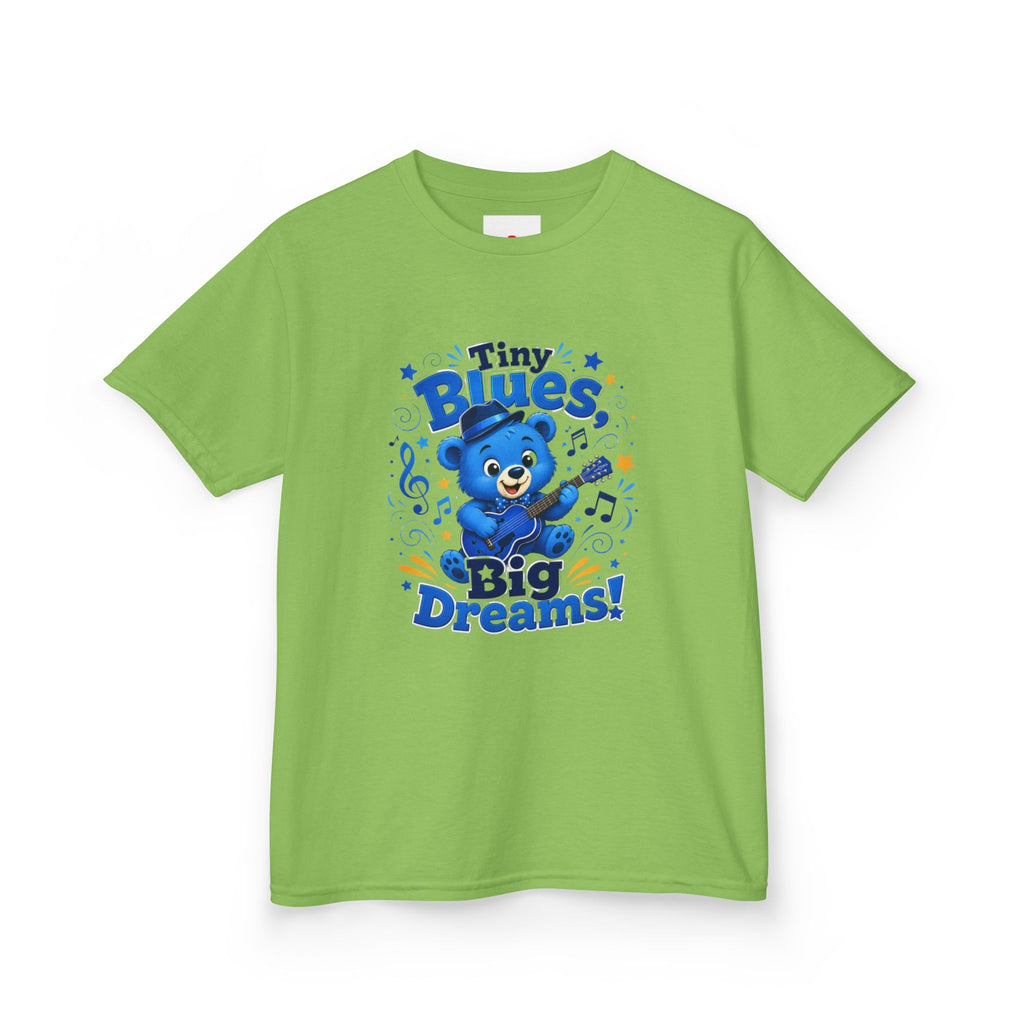 Kids Tee - "Tiny Blues, Big Dreams!" Cute Blue Bear Music Graphic