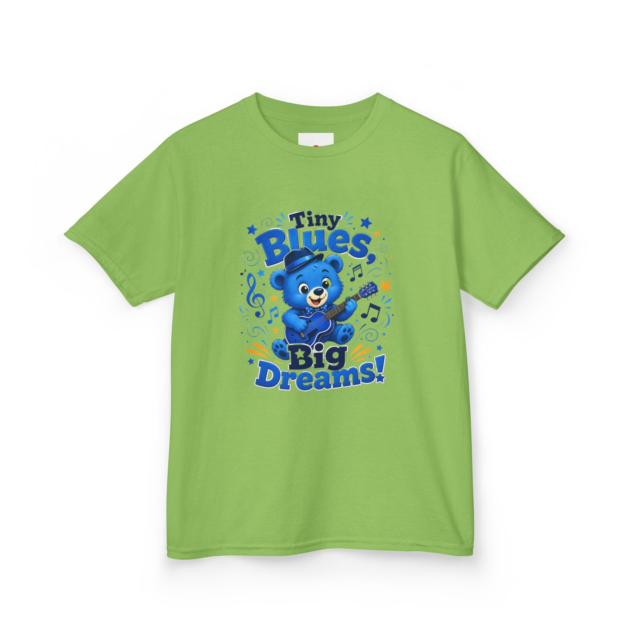 Kids Tee - "Tiny Blues, Big Dreams!" Cute Blue Bear Music Graphic