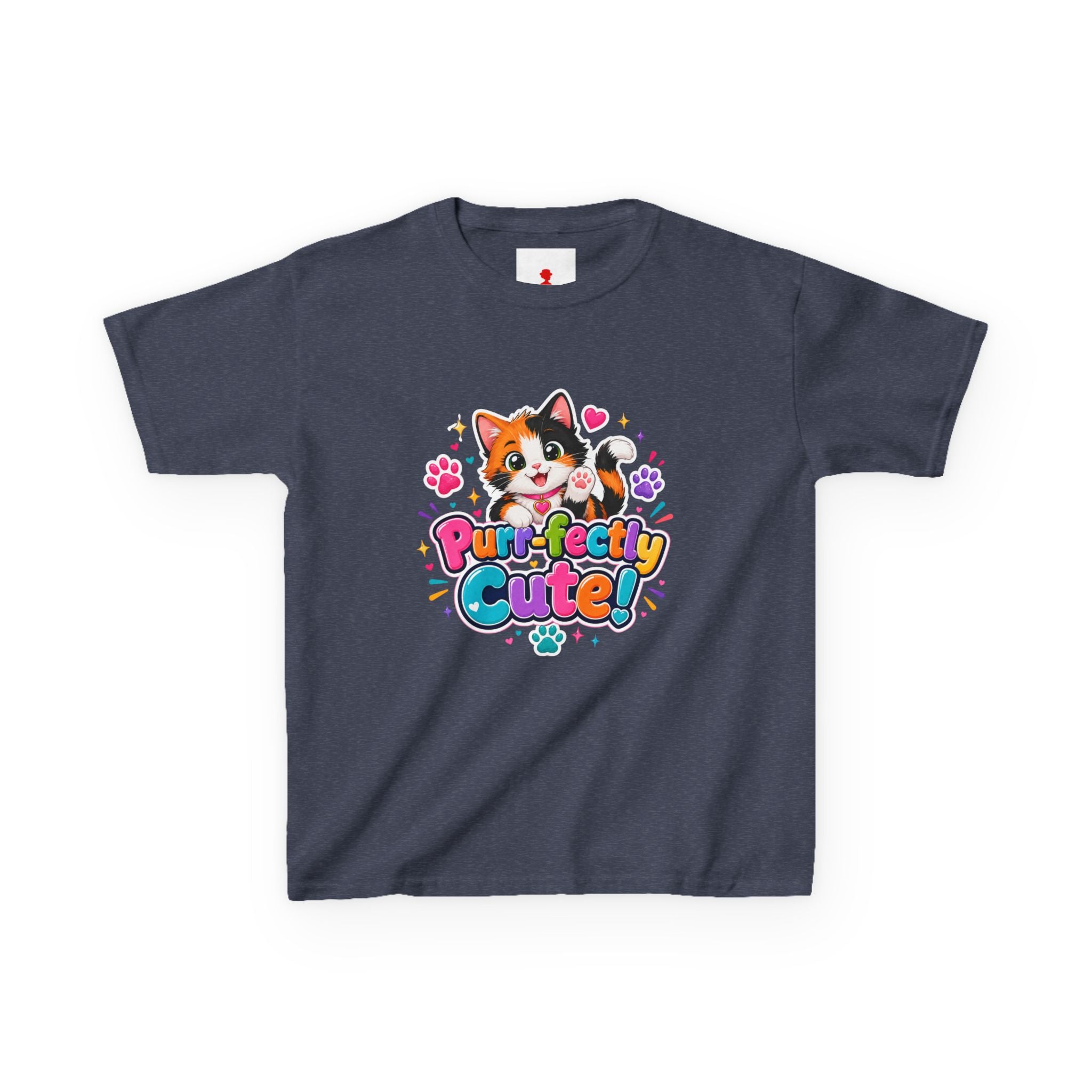 Kids Tee — “Purr-fectly Cute!” Colorful Calico Cat Graphic