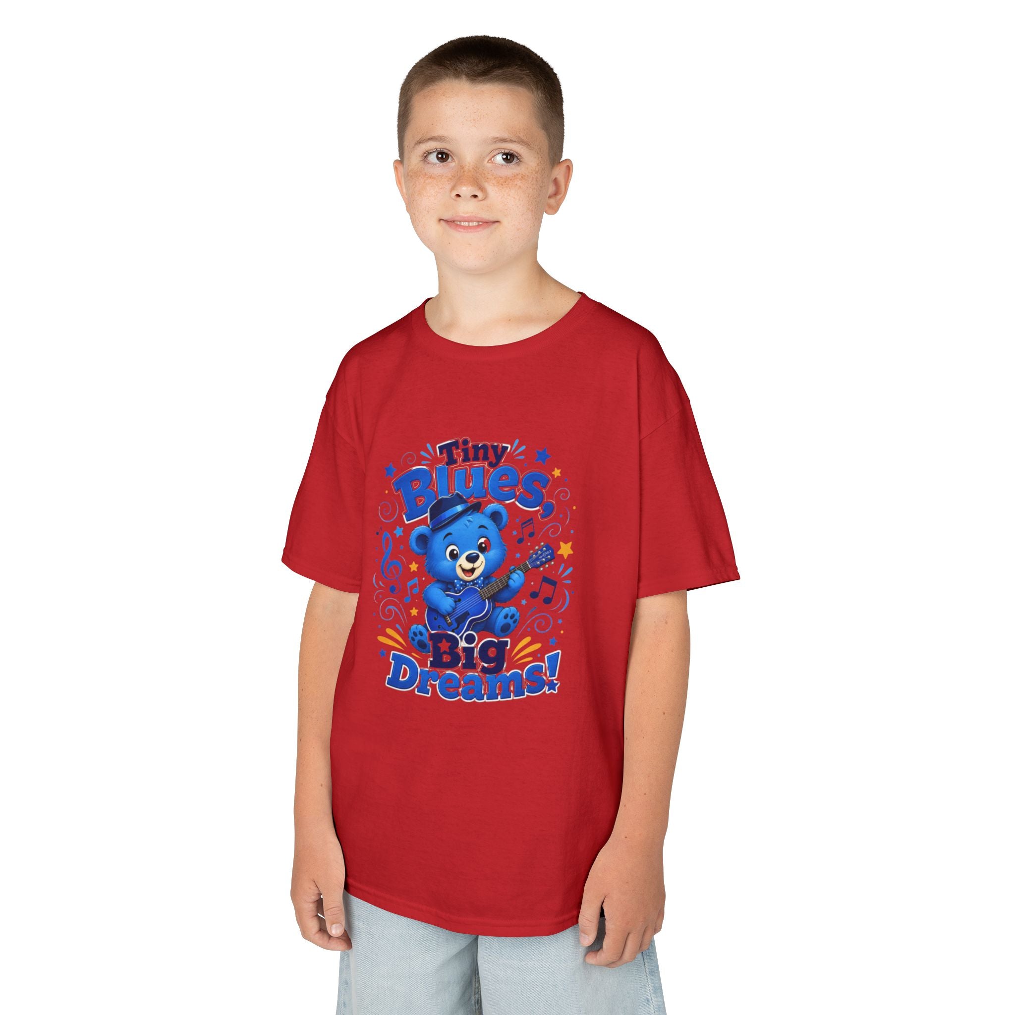Kids Tee - "Tiny Blues, Big Dreams!" Cute Blue Bear Music Graphic