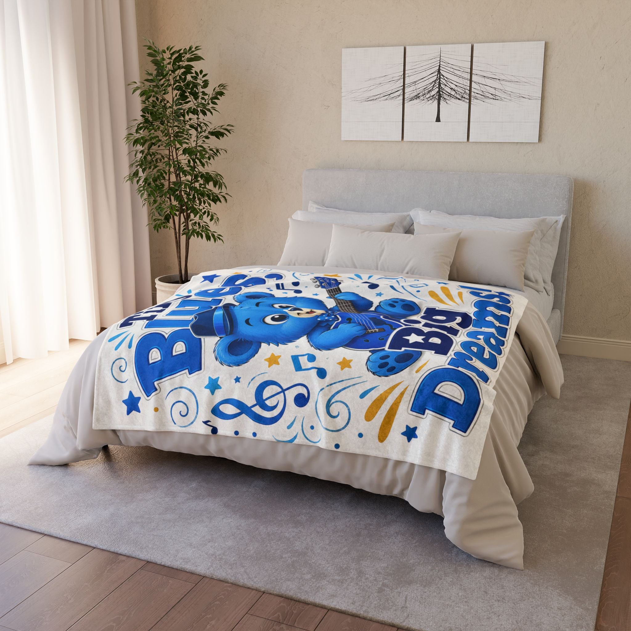 Tiny Blues Bear Plush Throw Blanket — "Tiny Blues Big Dreams" Baby Nursery Gift
