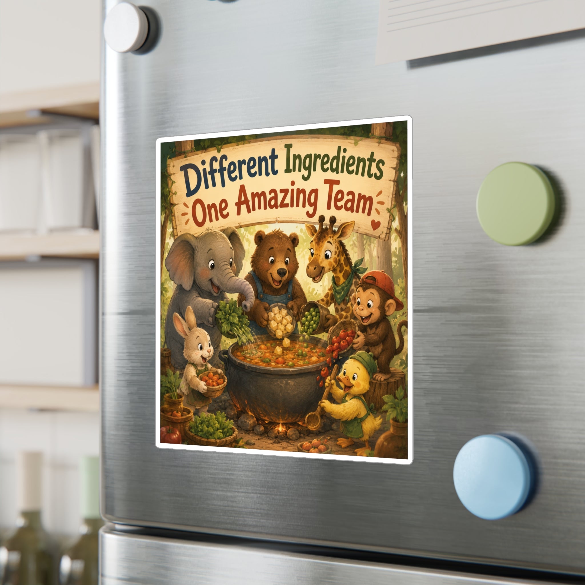 Kiss-Cut Vinyl Sticker — "Different Ingredients One Amazing Team" Cute Woodland Animals Teamwork Decal
