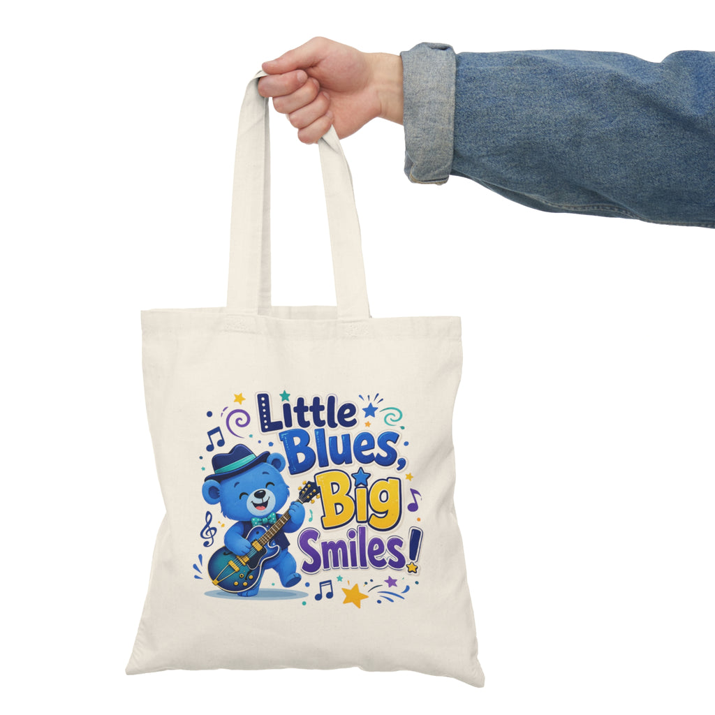 Little Blues, Big Smiles Tote Bag — Cute Blue Bear Guitar Eco Cotton Tote
