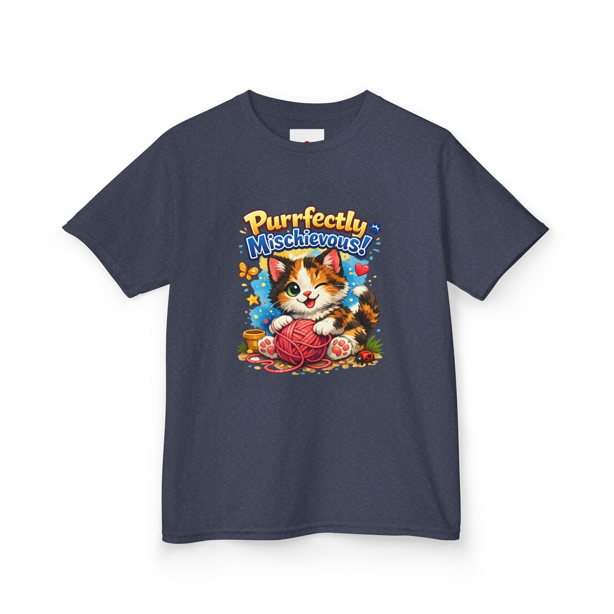 Kids T-Shirt — "Purrfectly Mischievous" Cute Kitten Playing with Yarn