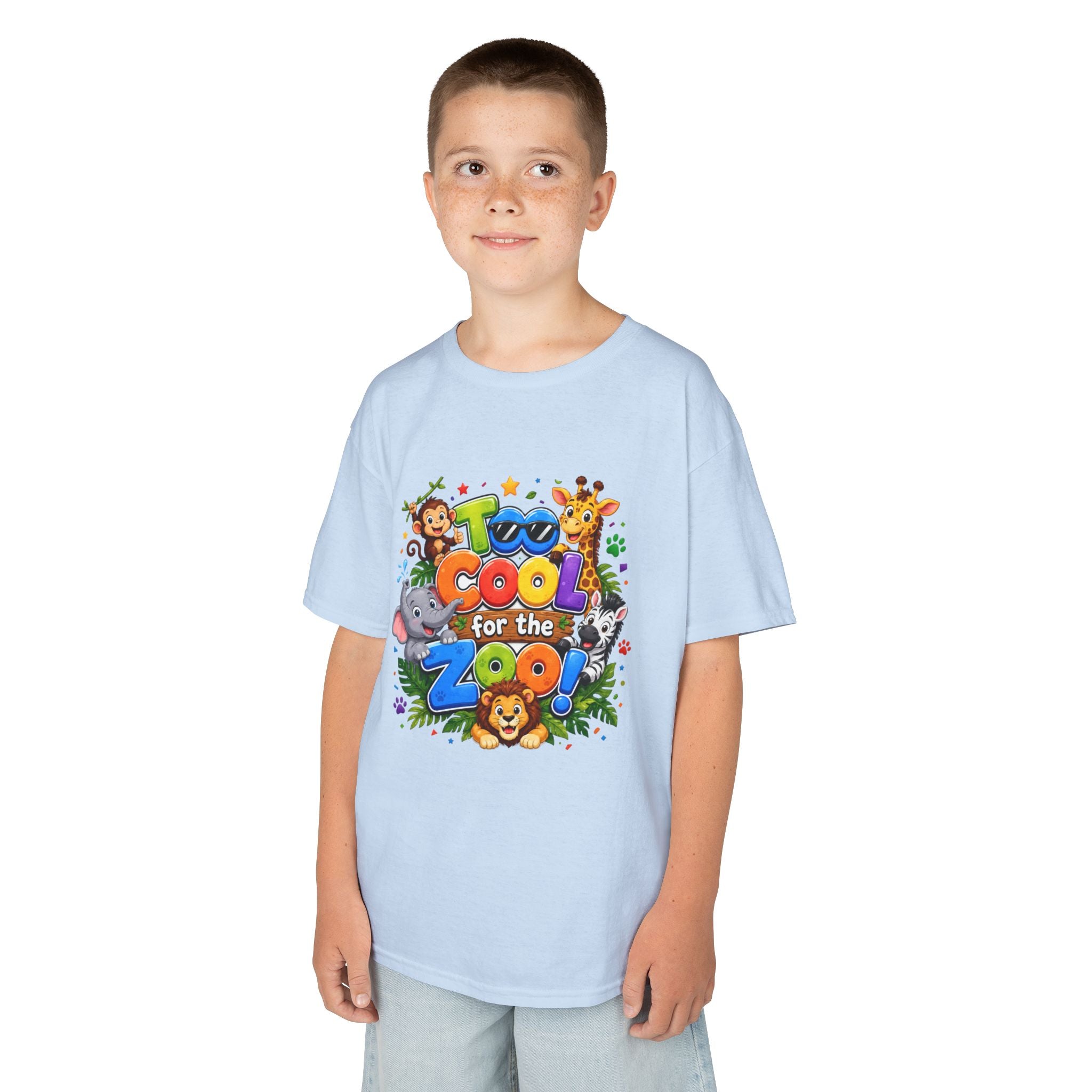 Kids Tee — "Too Cool for the Zoo" Colorful Animal Graphic