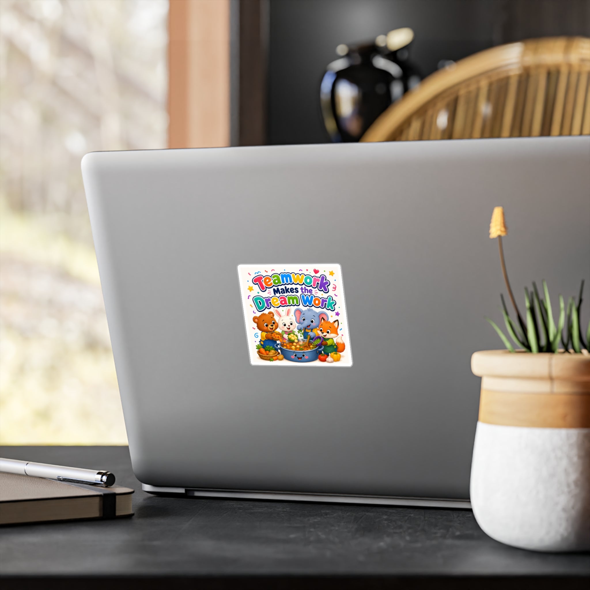 Kiss-Cut Vinyl Decal — "Teamwork Makes the Dream Work" Cute Animal Classroom Sticker