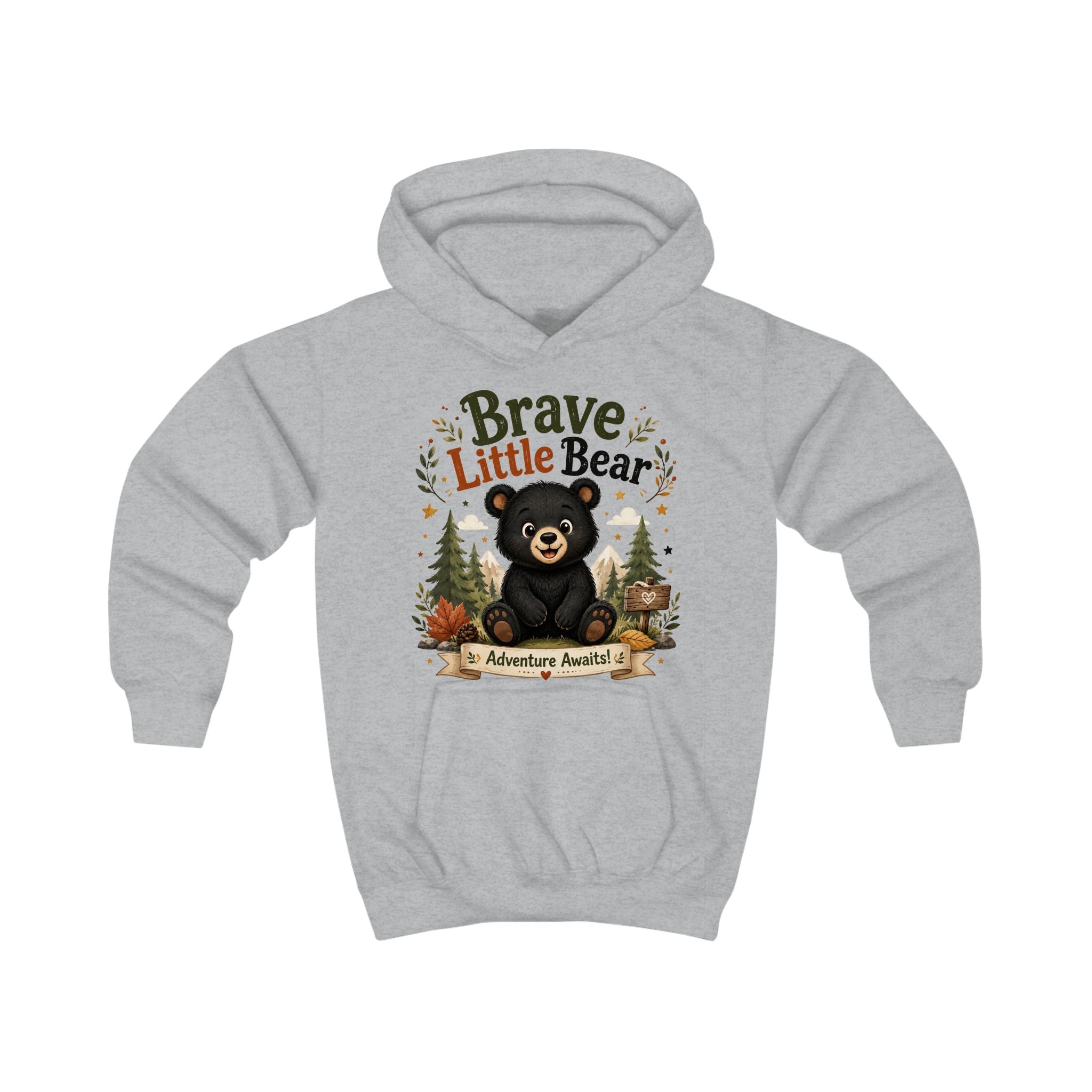 Brave Little Bear Kids Hoodie — 'Adventure Awaits' Woodland Bear Sweatshirt