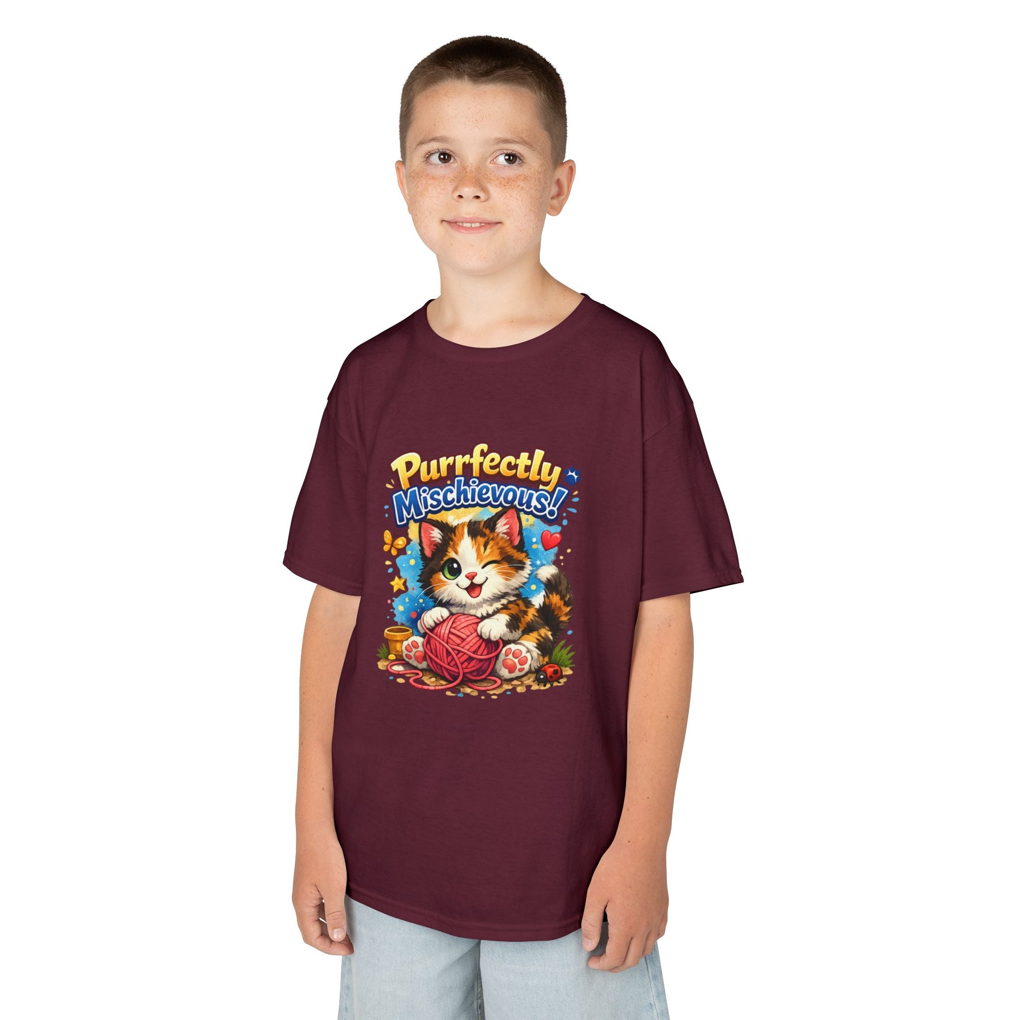 Kids T-Shirt — "Purrfectly Mischievous" Cute Kitten Playing with Yarn