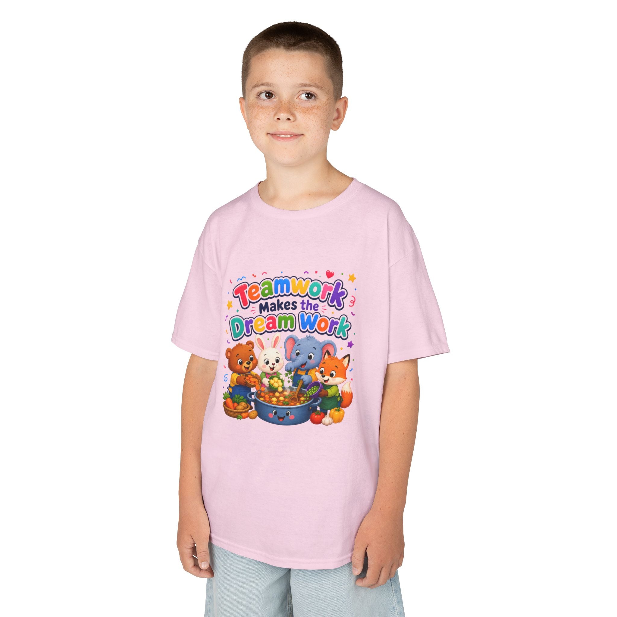 Kids Tee — “Teamwork Makes the Dream Work” Cute Animal Classroom Shirt