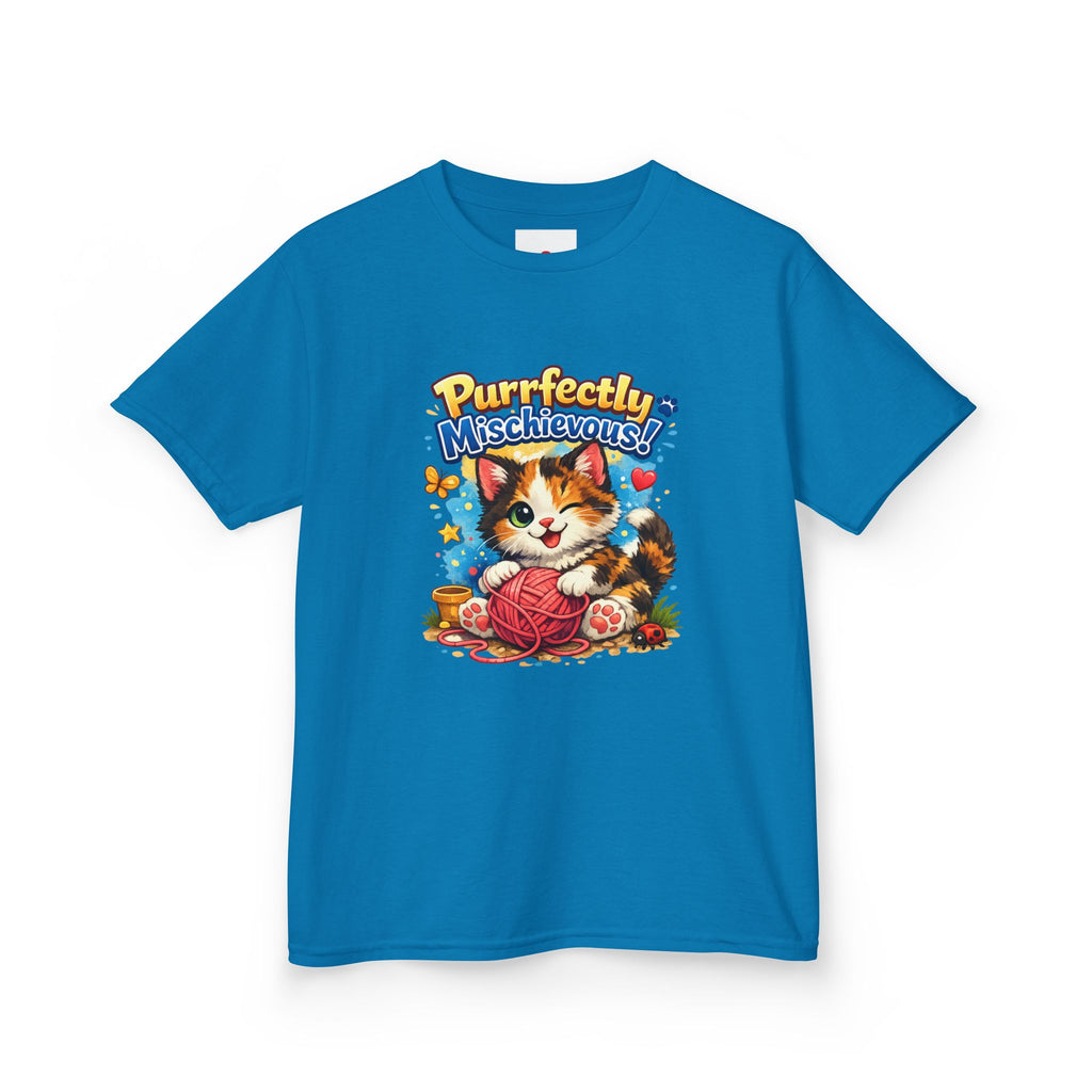 Kids T-Shirt — "Purrfectly Mischievous" Cute Kitten Playing with Yarn