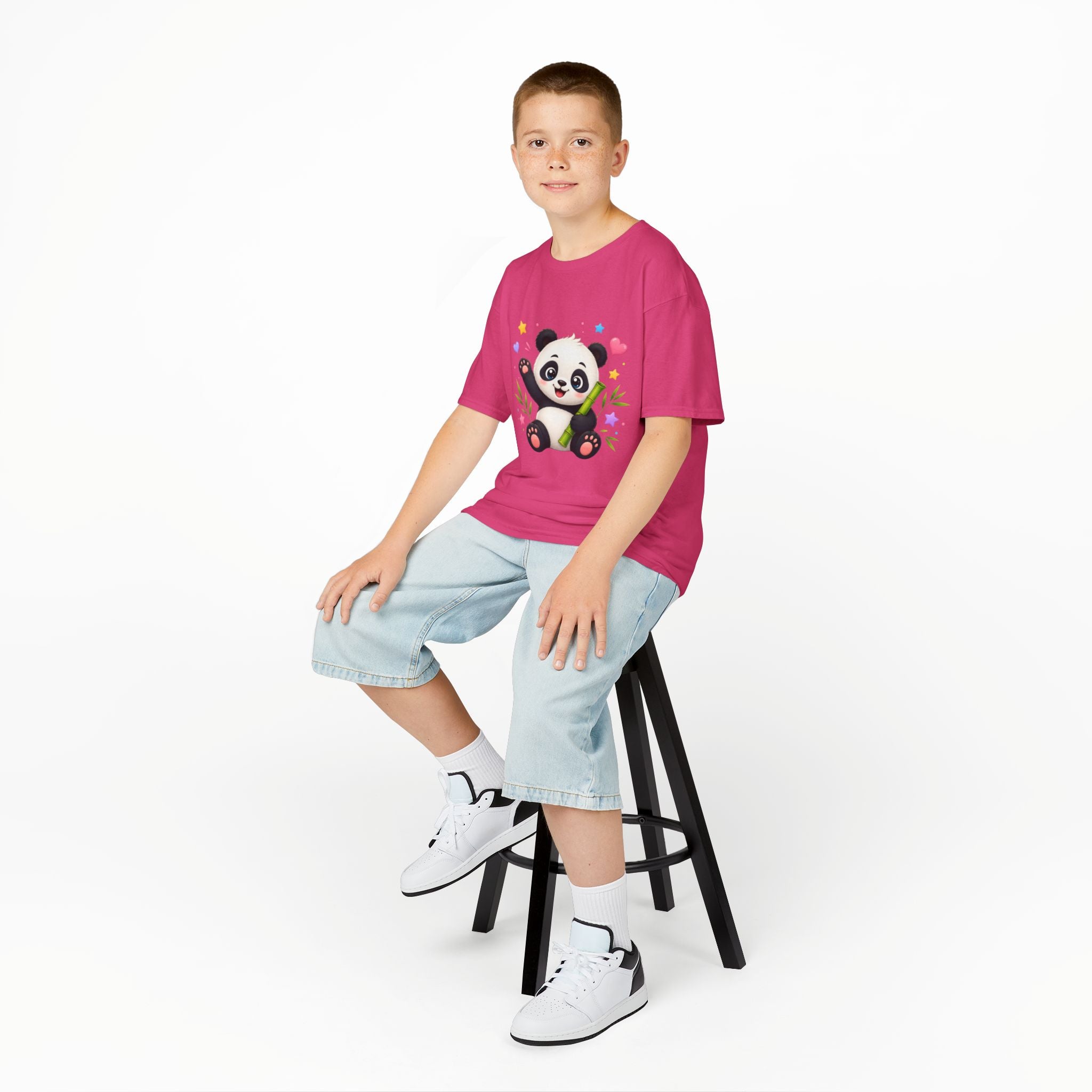 Cute Panda Kids T‑Shirt — Smiling Baby Panda with Hearts & Bamboo