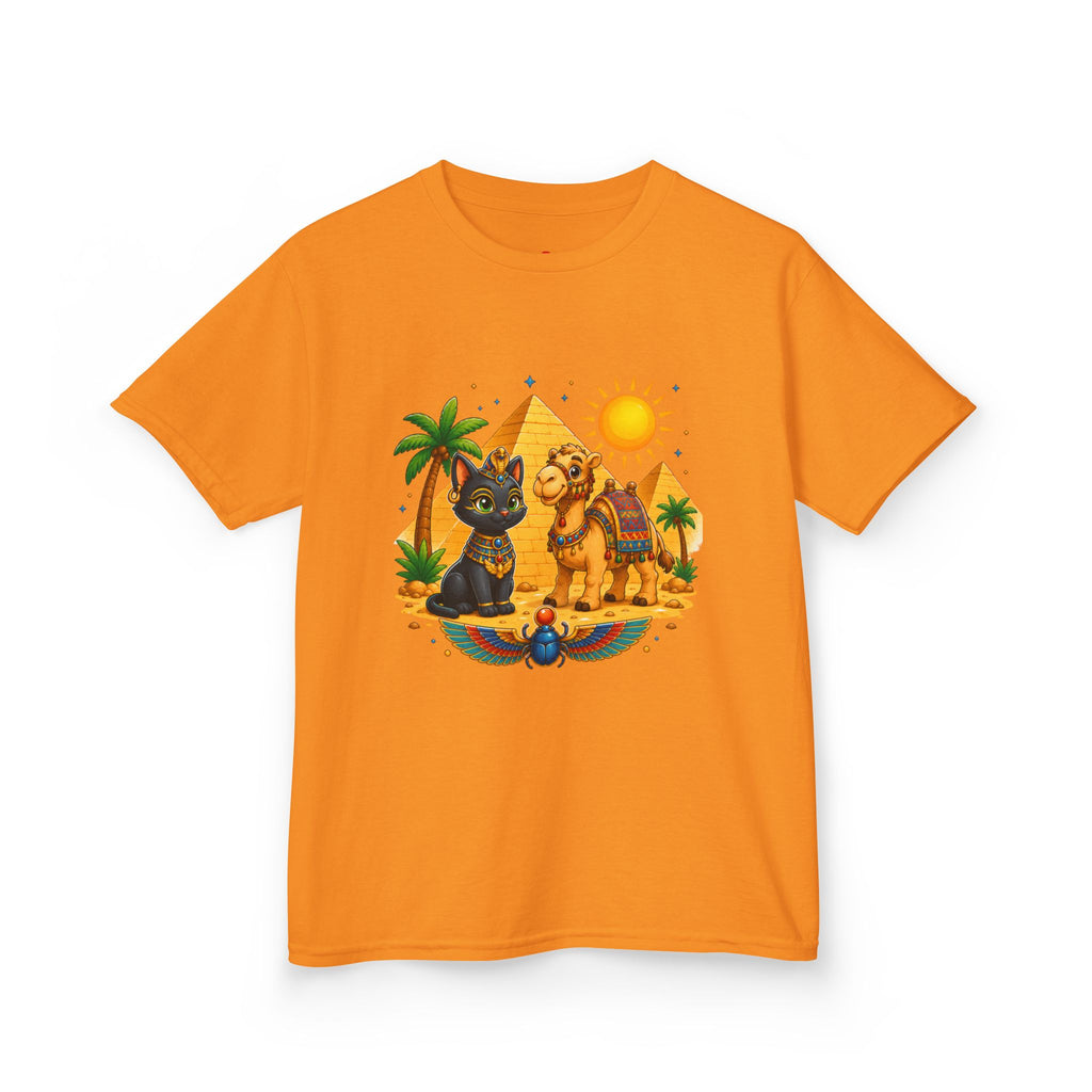 Egyptian Cats and Camel Kids Tee | Pyramid Desert Sun Illustration