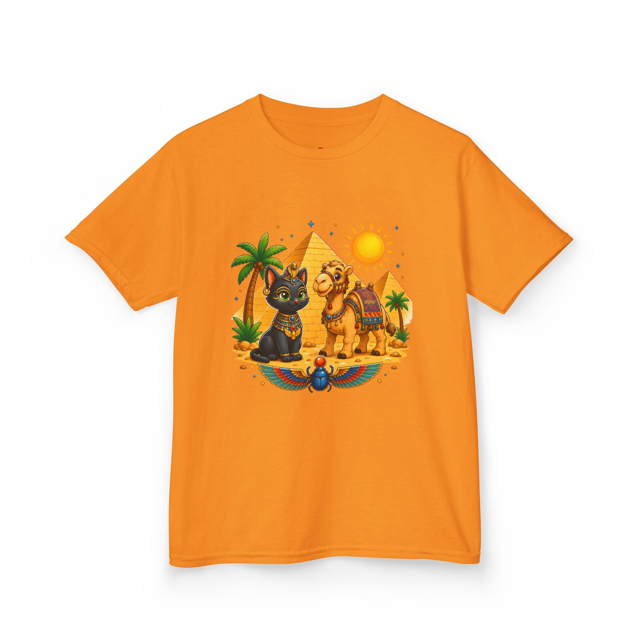 Egyptian Cats and Camel Kids Tee | Pyramid Desert Sun Illustration