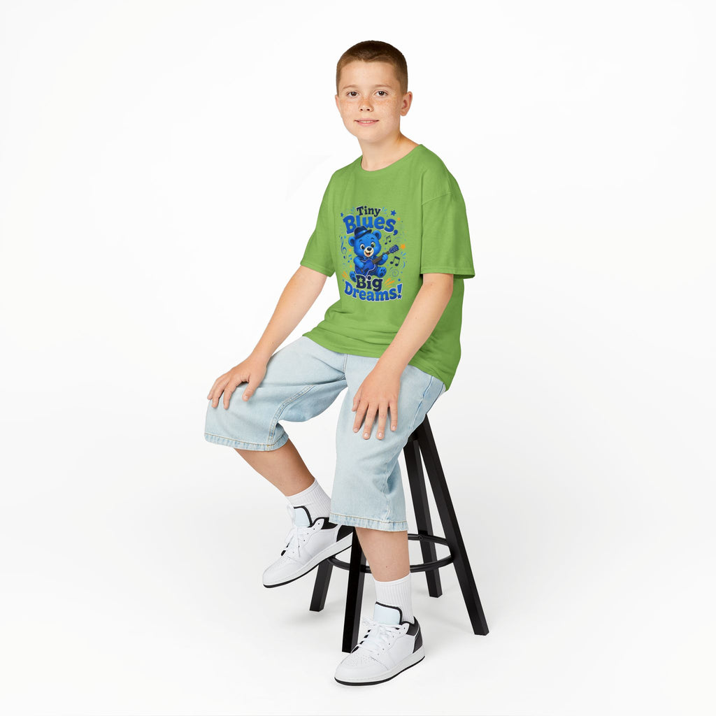 Kids Tee - "Tiny Blues, Big Dreams!" Cute Blue Bear Music Graphic