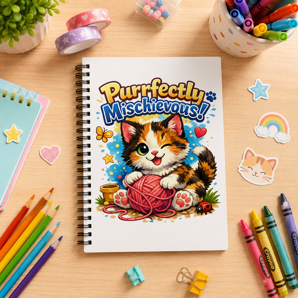 Notebook — "Purrfectly Mischievous!" Cute Calico Kitten Spiral Journal