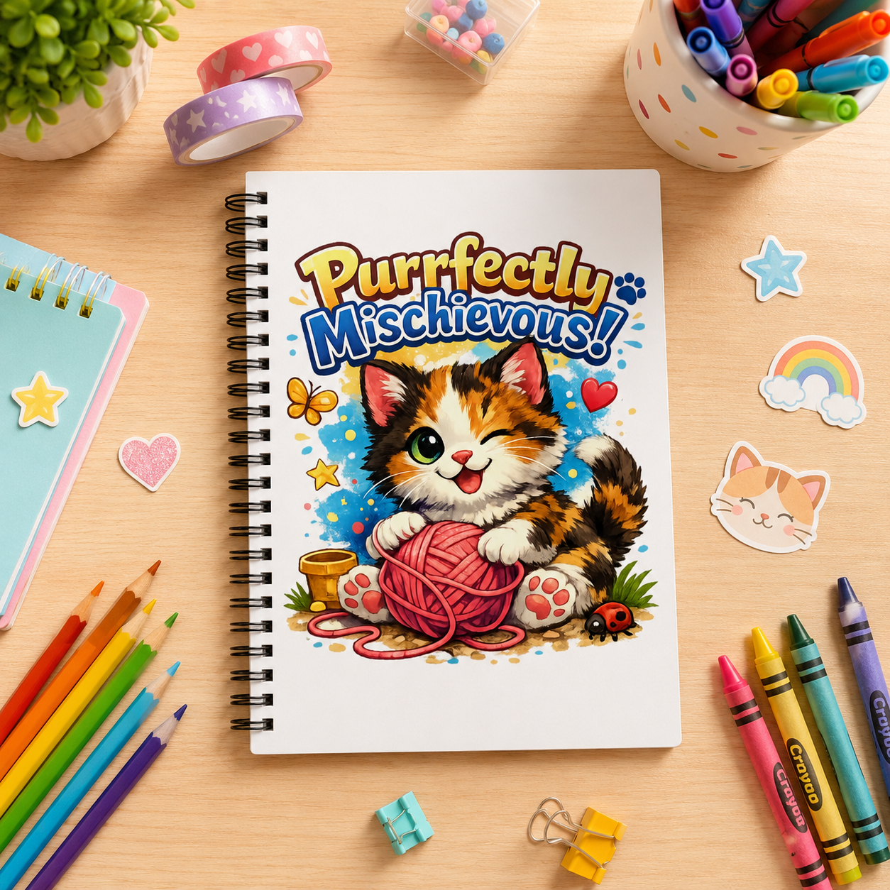 Notebook — "Purrfectly Mischievous!" Cute Calico Kitten Spiral Journal