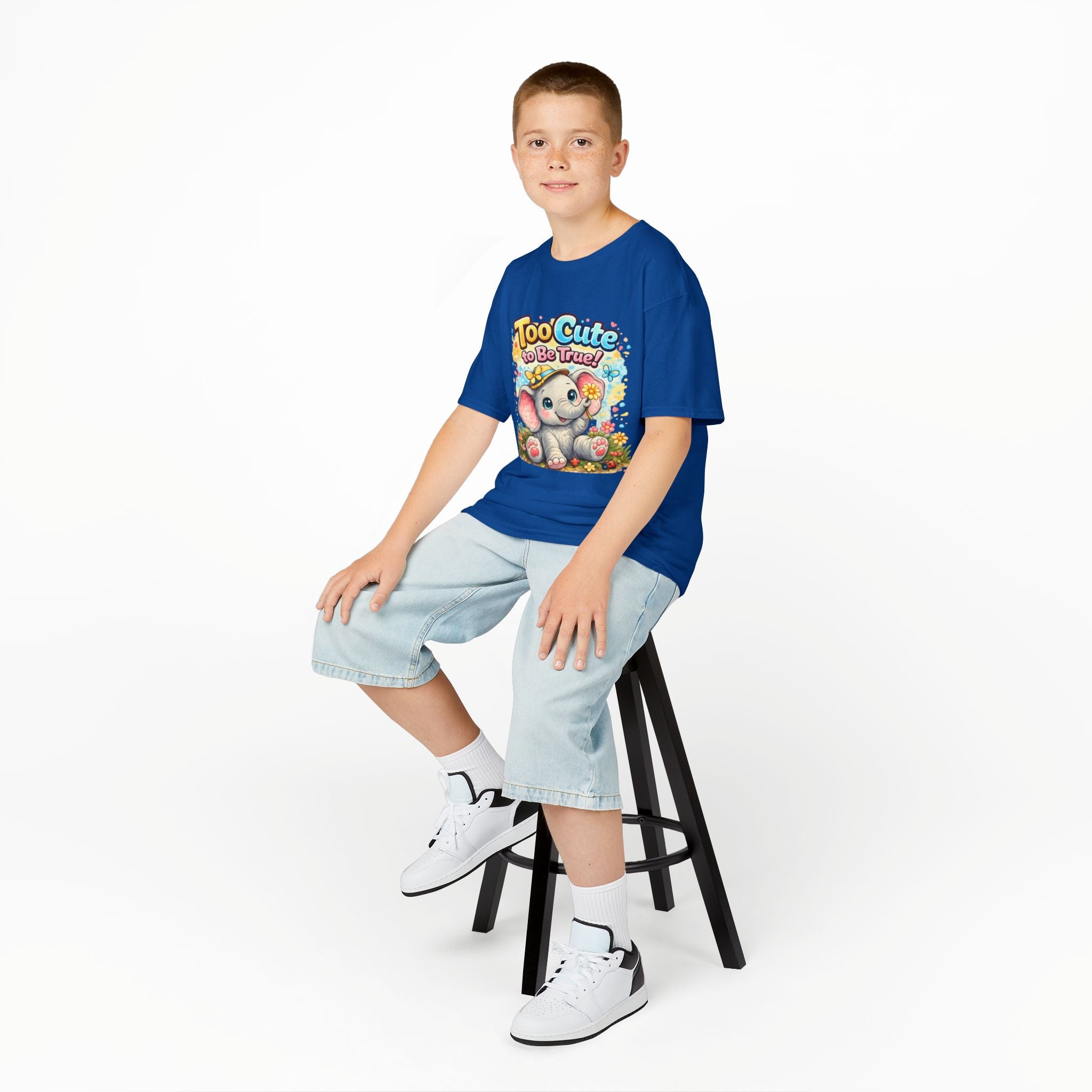 Kids Tee — "Too Cute to Be True" Elephant Graphic